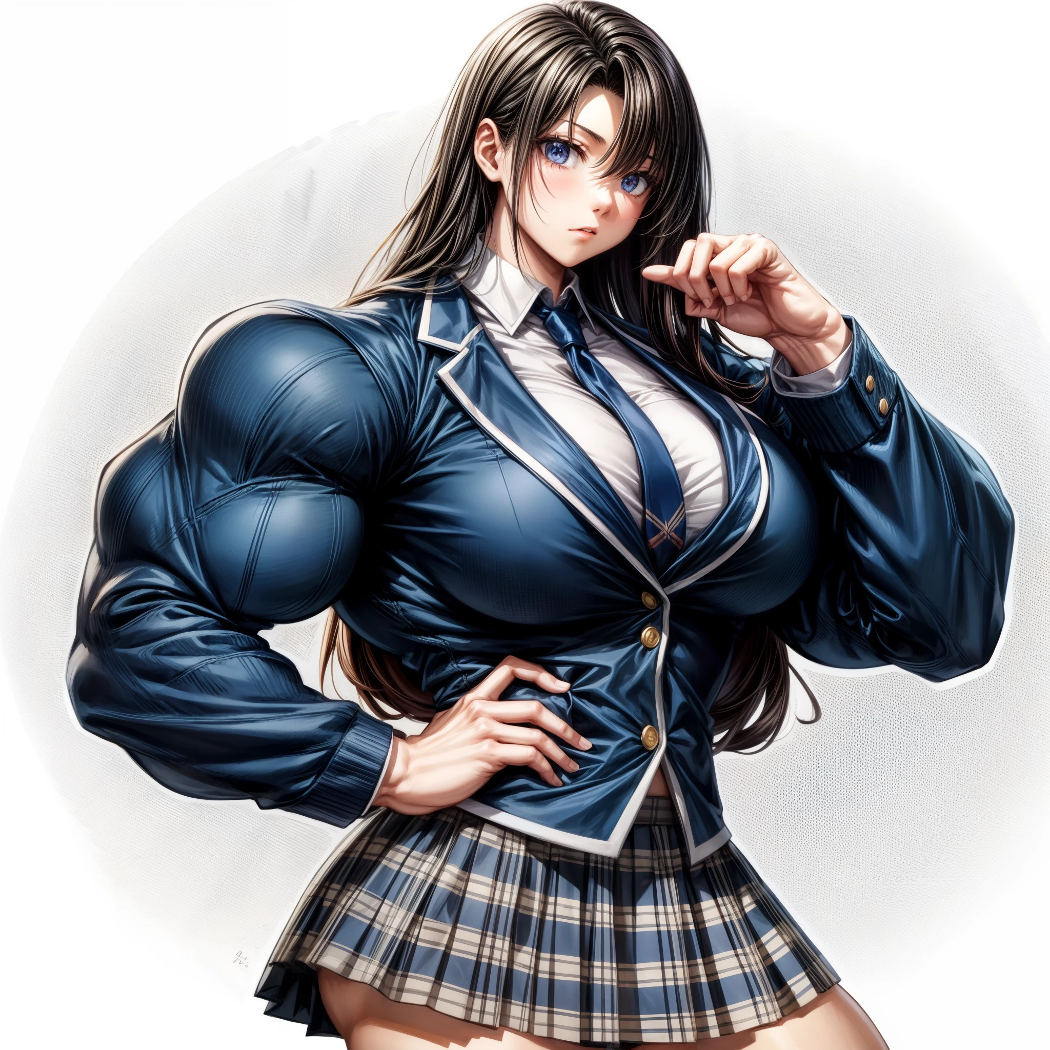 best quality,girl, biceps, muscular ,alternate muscle size,,muscular thighs,school uniform ,pecs,black hair, worried, abs, thick arms,, broad shoulders,