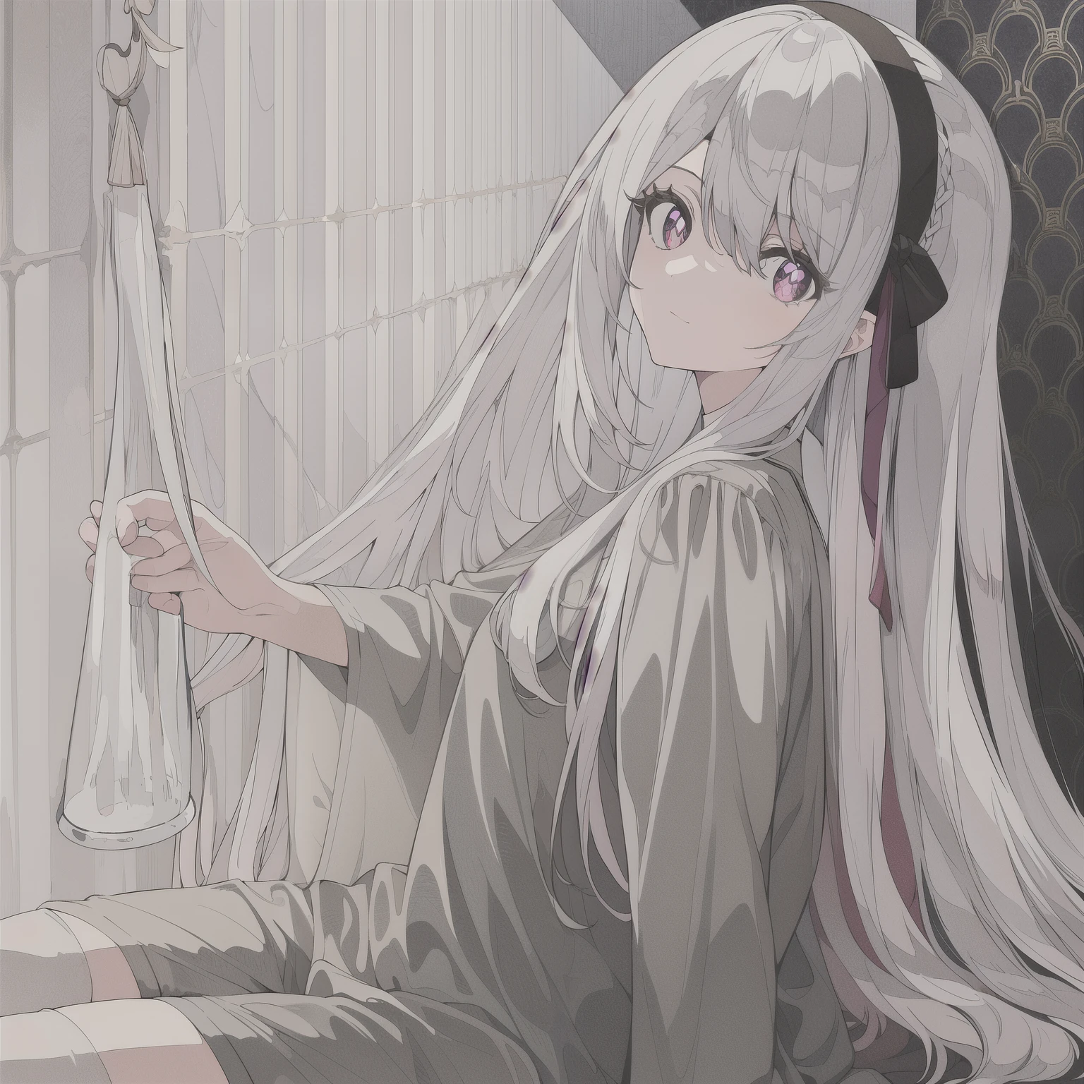 ((masterpiece, best quality))++, Detail lights+, detail hair+, Detail hand+ ,1 girl, Honey, long gray hair, dark pink eyes, beautiful eyes, Young gray hair,,(beautiful white hair:1.5),(beautiful eyes), high resolution+, black stockings , a white pajamas, Glass tones, Reflective eyeanyery detail wallpaper, original, ,Headband,suburbs