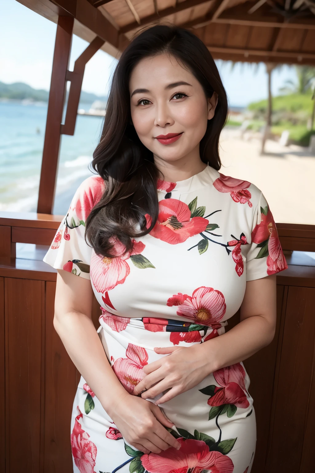 Draw lips correctly, red lipstick, from chest up, best quality, Super detailed, lifelike, Super fine skin, perfect anatomy, (1 日本Mature的女人), (alone),Wear a floral round neck dress,short sleeve,wavy long hair,40 year old female,Mature,charming smile,beach background,stand,Slightly fat(1.2),Big breasts(1.2),full-body shot