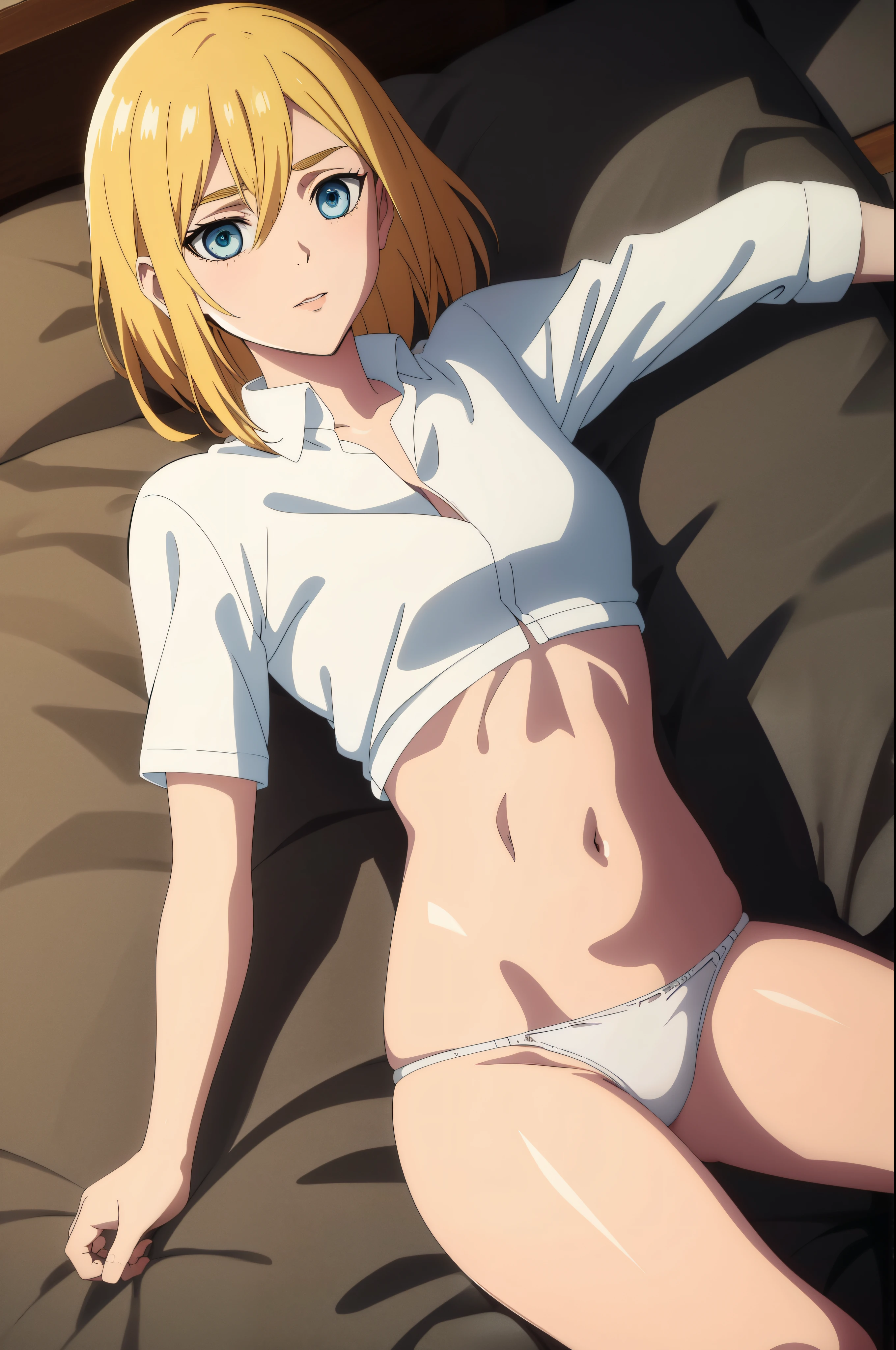 highest quality, masterpiece, High resolution,８K,beautiful light, alone,(Attack on Titan),Kings history,official art,fall into one&#39;Came back, (In underwear),（slender body）,(((white panties))),legs closed,(shirt),perfect thighs,Perfect navel,(perfect eyes),perfect arms,blonde,blush,blue eyes,wet skin,Medium chest,,perfect upper arms,looking at the viewer