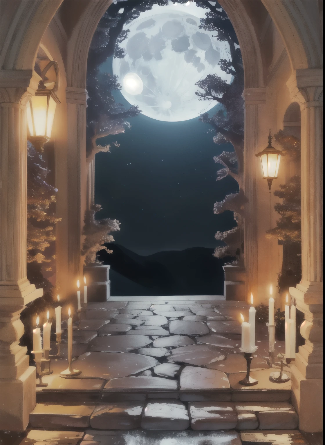 A large arch,There are candles on it,The background is a full moon, Stunning mystery background, moonlight background, Dream-like atmosphere on a moonlit night, night with moon and candles, adorned pillars, great great essay, kingdom of light background, romantic lighting, The gateway to the ethereal realm, magical scene, Entering the ethereal realm, ballroom background, beautiful moonlit night