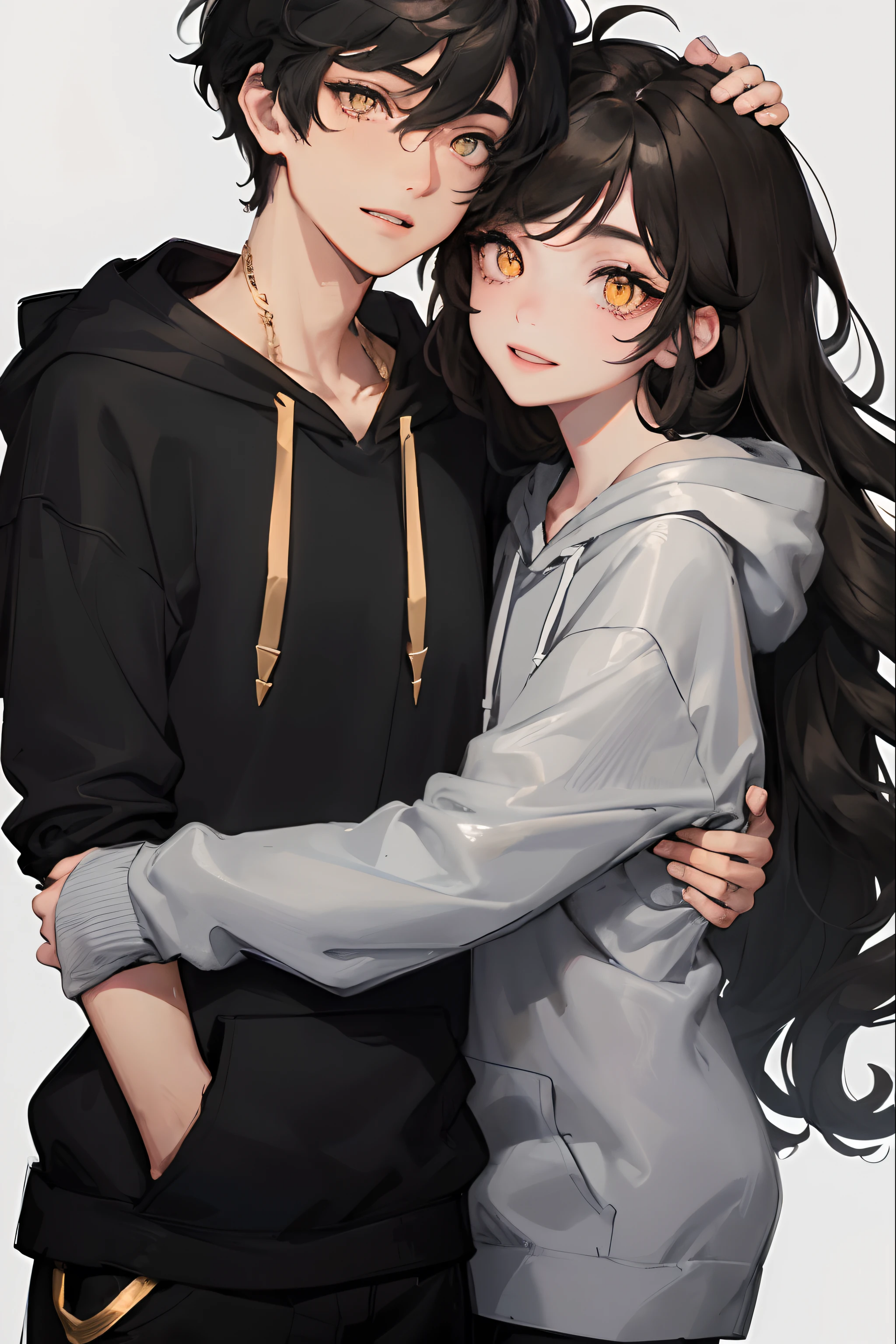 1 lady, ((Long curly hair)), Sweep bangs, ((golden eyes)), Smile, modern clothing, give a hug ((Boy with messy short black hair and black simple hoodie))