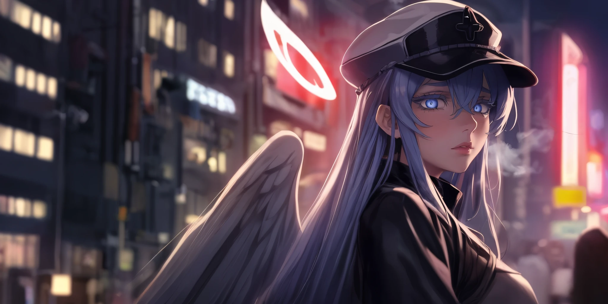 Esdeath, breasts, long hair, blue hair, blue eyes, hat, solo, very long hair, peaked cap, Anime girl with angel wings and halo in city night, Burgundy hair，angelic halo，Cyberpunk Uniforms，looks into camera，delicated face，Hydrated red eyes，detailedbackground，at centre，insane detailed，Ultra-high sharpness，concept-art，number art，with dynamism，（The most beautiful art in the world：1.2），（V0id3nergy：1.3）, heavy breathing, blue eyes, hollow eyes, lips, expressionless, steaming face, glowing eyes, white eyelashes