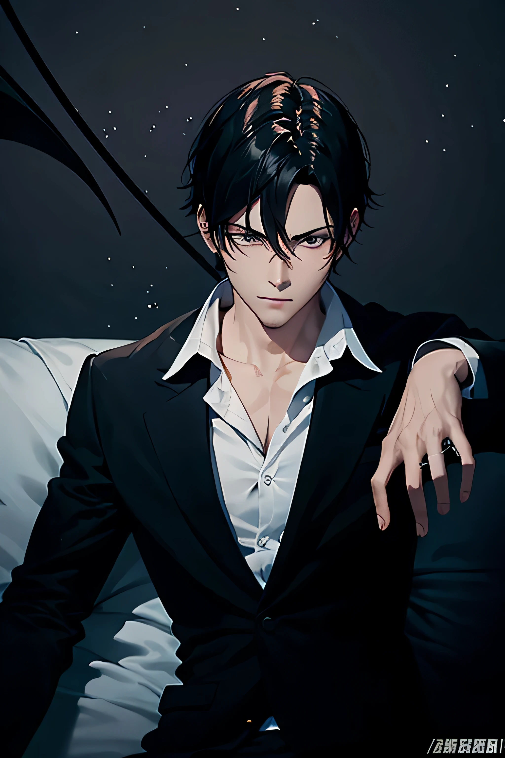 comic style,Flat coating,classical painting methods,line strokes,dangerous,suit,shirt,hand with veins,Put the ring on your hand,gaze,Handsome,vampire,youthful face,年轻Handsome的男人