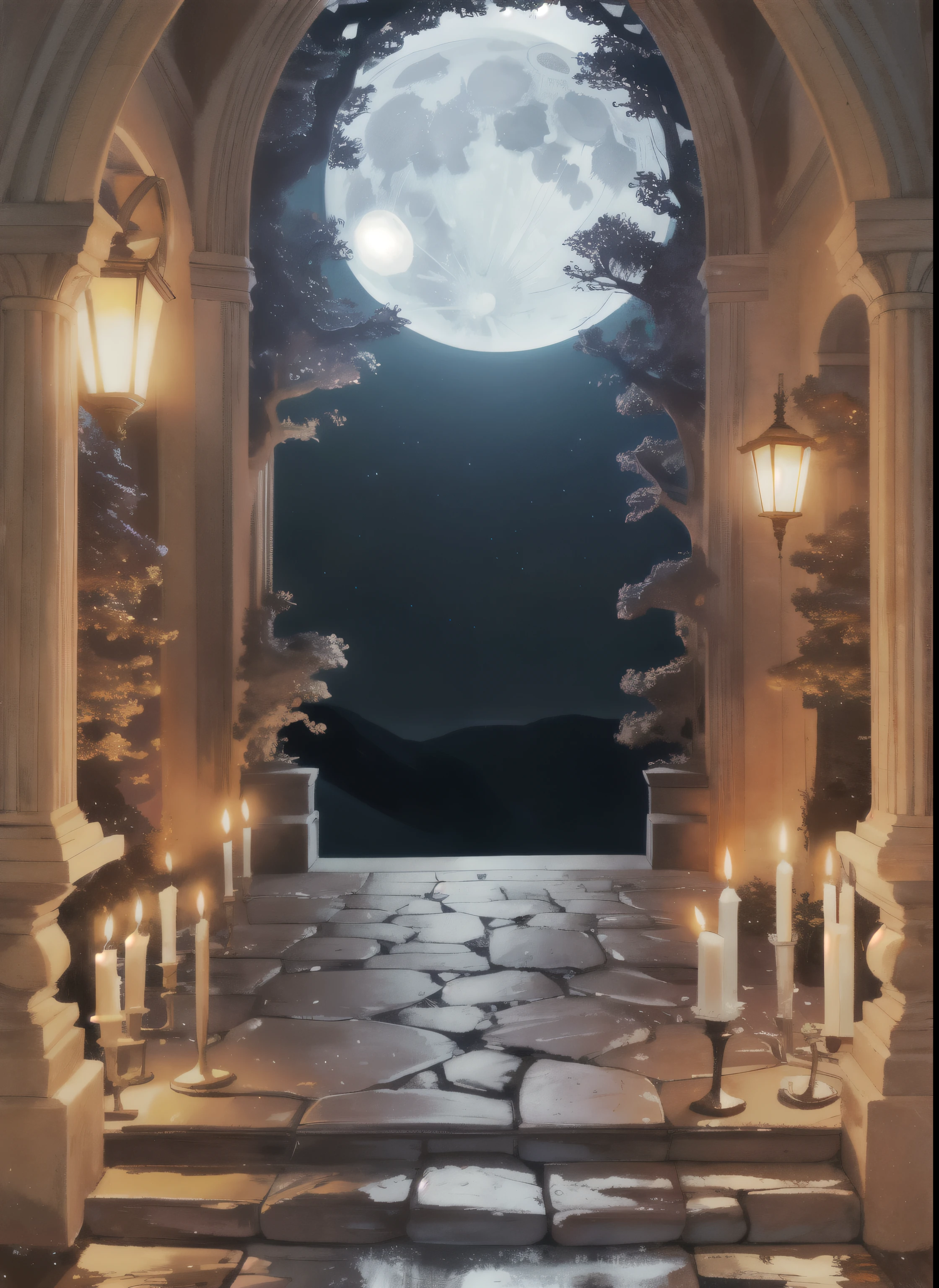 A large arch,There are candles on it,The background is a full moon, Stunning mysterious background, moonlight background, Dream-like atmosphere on a moonlit night, night with moon and candles, adorned pillars, great great article, Background of the Kingdom of Light, romantic lighting, The door to the ethereal realm, magical scene, Entering the ethereal realm, ballroom background, beautiful moonlit night