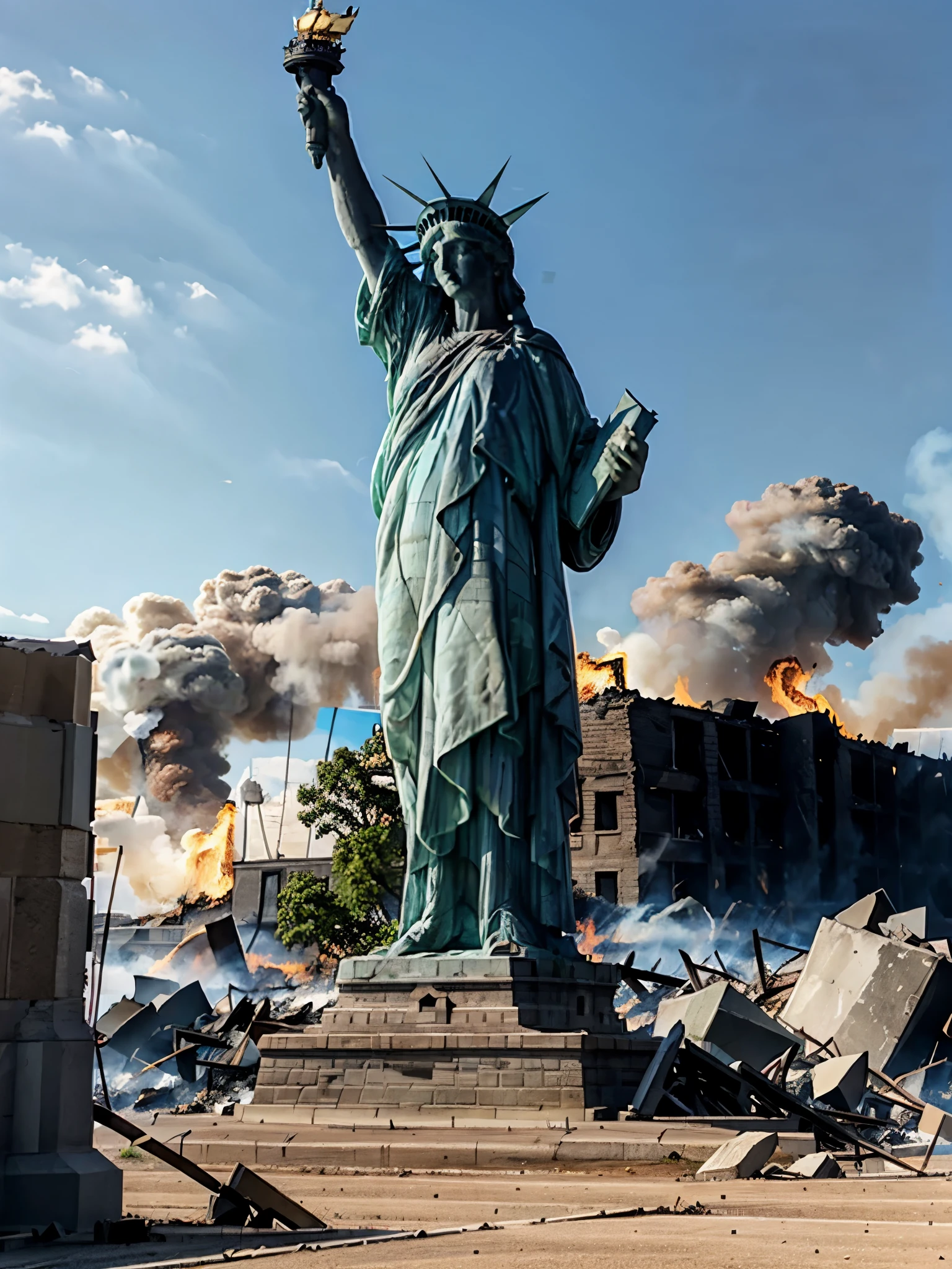 lady-liberty, front view, a statue of liberty is shown against a cloudy blue sky. ((lady-liberty in flames)). ((lady-liberty burns)). clouds, broken arms, basement of stones demolished in flames, water, Liberty Island, trees in fire, burning around, smoke, fog, dramatic landscape of burning skyscrapers