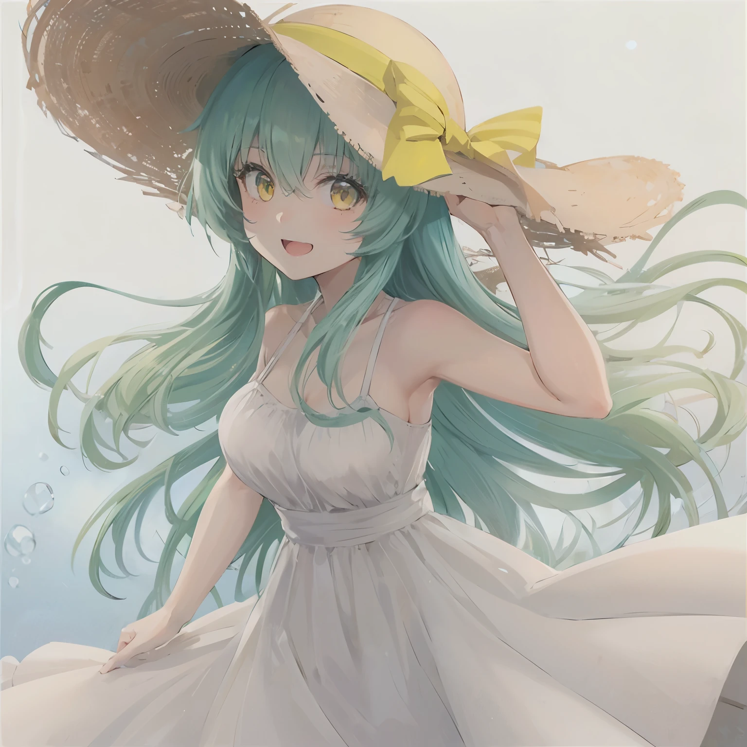 1girl, anime, light_aqua_hair, yellow_eyes, medium_breasts, cheerful, white_sun_dress, sun_hat, white_background, looking_at_viewer