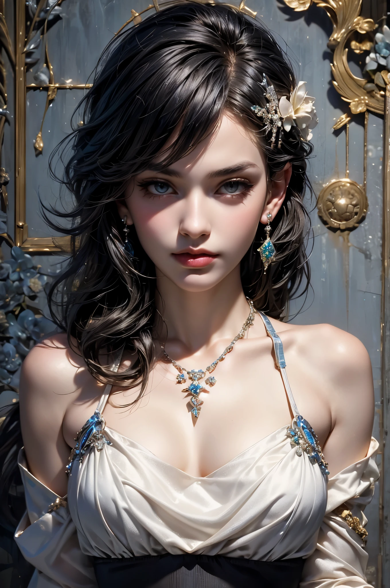 sacred. Luigi (luxury wheels) (Azure Lane), 1 girl, hair accessories, earrings, necklace, portrait, silver dress, revealing clothes, view viewer, alone，Big breasts，dissatisfied，Sexual innuendo，