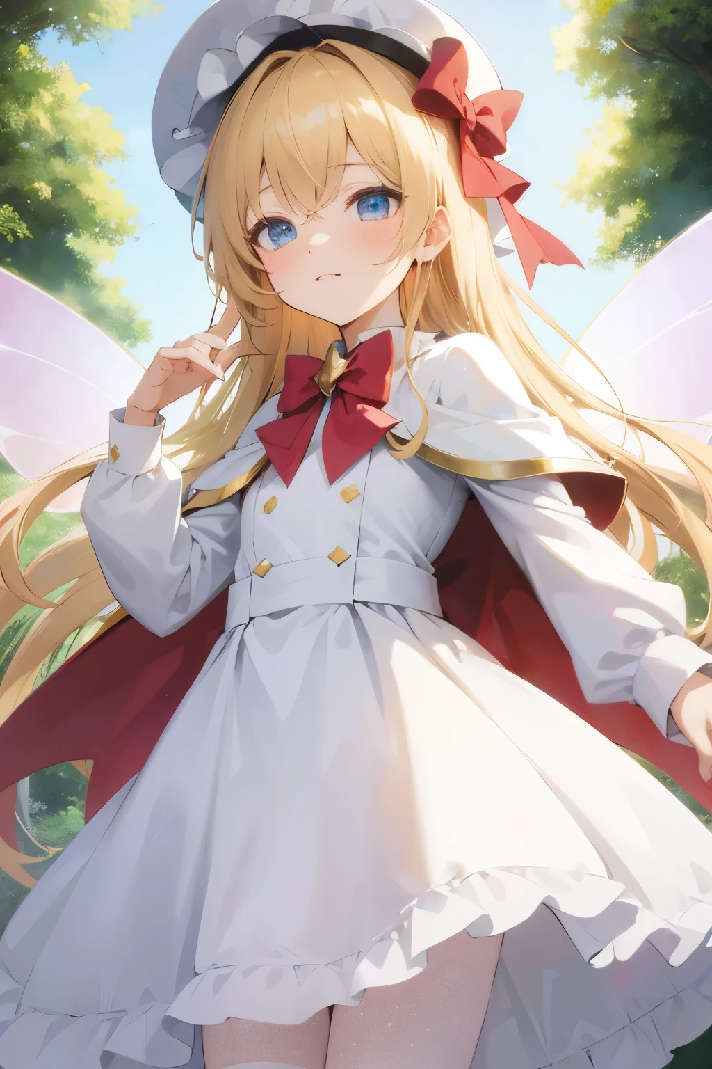 Touhou 1 girl, Lily White, fairy, pink fairy wings, golden hair, blue eyes, {{{white triangle hat and white dress}}}, ribbon on hat, cherry blossom background, crystals texture, metal texture, golden texture, HQ, wallpaper, official art, 4k8k, masterpiece, best quality, ultra detailed, hyper extreme detailed, an extreme delicate and beautiful, illustration, painted by professional illustratior