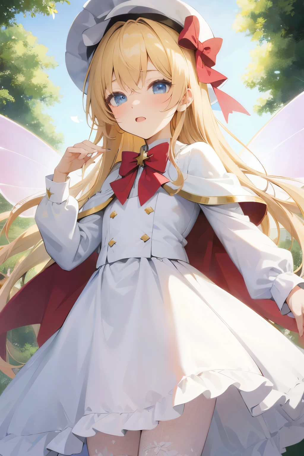 Touhou 1 girl, Lily White, fairy, pink fairy wings, golden hair, blue eyes, {{{white triangle hat and white dress}}}, ribbon on hat, cherry blossom background, crystals texture, metal texture, golden texture, HQ, wallpaper, official art, 4k8k, masterpiece, best quality, ultra detailed, hyper extreme detailed, an extreme delicate and beautiful, illustration, painted by professional illustratior