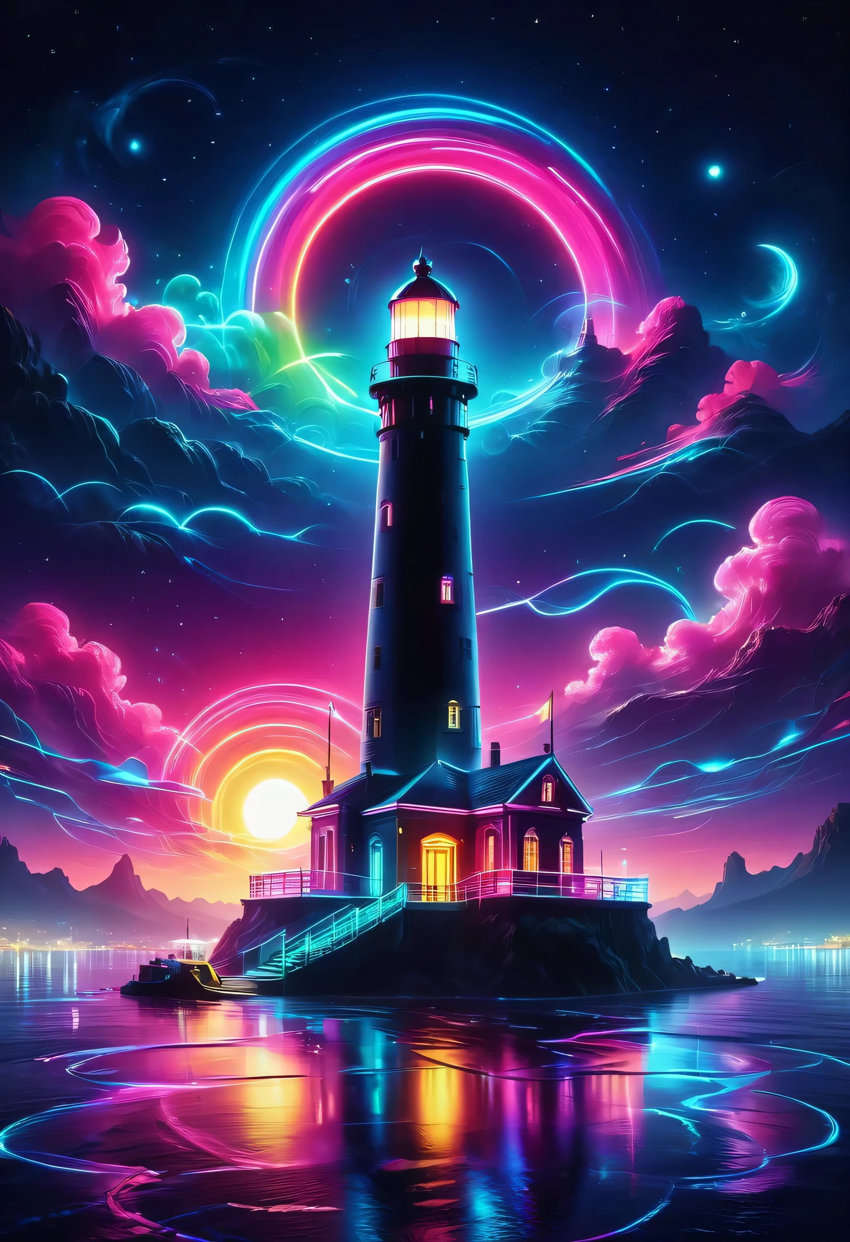 The aesthetics of vaporwave,Landscape painting,Lighthouse colored in neon colors,port town,marina,boat,moon,star,cloud,aurora,beautiful,rich colors,flash,と明るいflash,Cast colorful spells,Draw in neon colors on a dark background,古き良きport townの風景と現代アートの融合,Pop Illustration,poster,perfect composition,Design that expresses Italy,tangled,magic element,wonderful,masterpiece,4k,works of art,Bright colors,black,pink,Light blue,purple