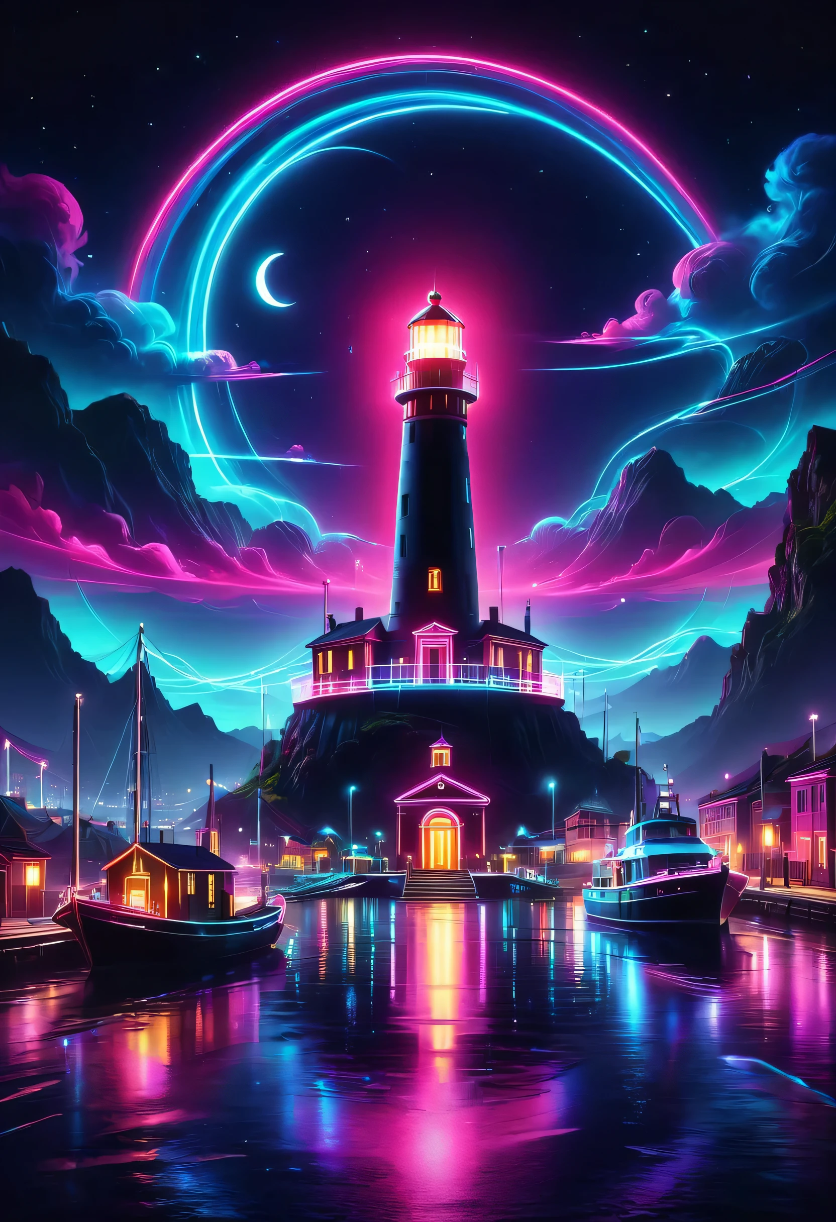 The aesthetics of vaporwave,Landscape painting,Lighthouse colored in neon colors,port town,marina,boat,moon,star,cloud,aurora,beautiful,rich colors,flash,と明るいflash,Cast colorful spells,Draw in neon colors on a dark background,古き良きport townの風景と現代アートの融合,Pop Illustration,poster,perfect composition,Design that expresses Italy,tangled,magic element,wonderful,masterpiece,4k,works of art,Bright colors,black,pink,Light blue,purple