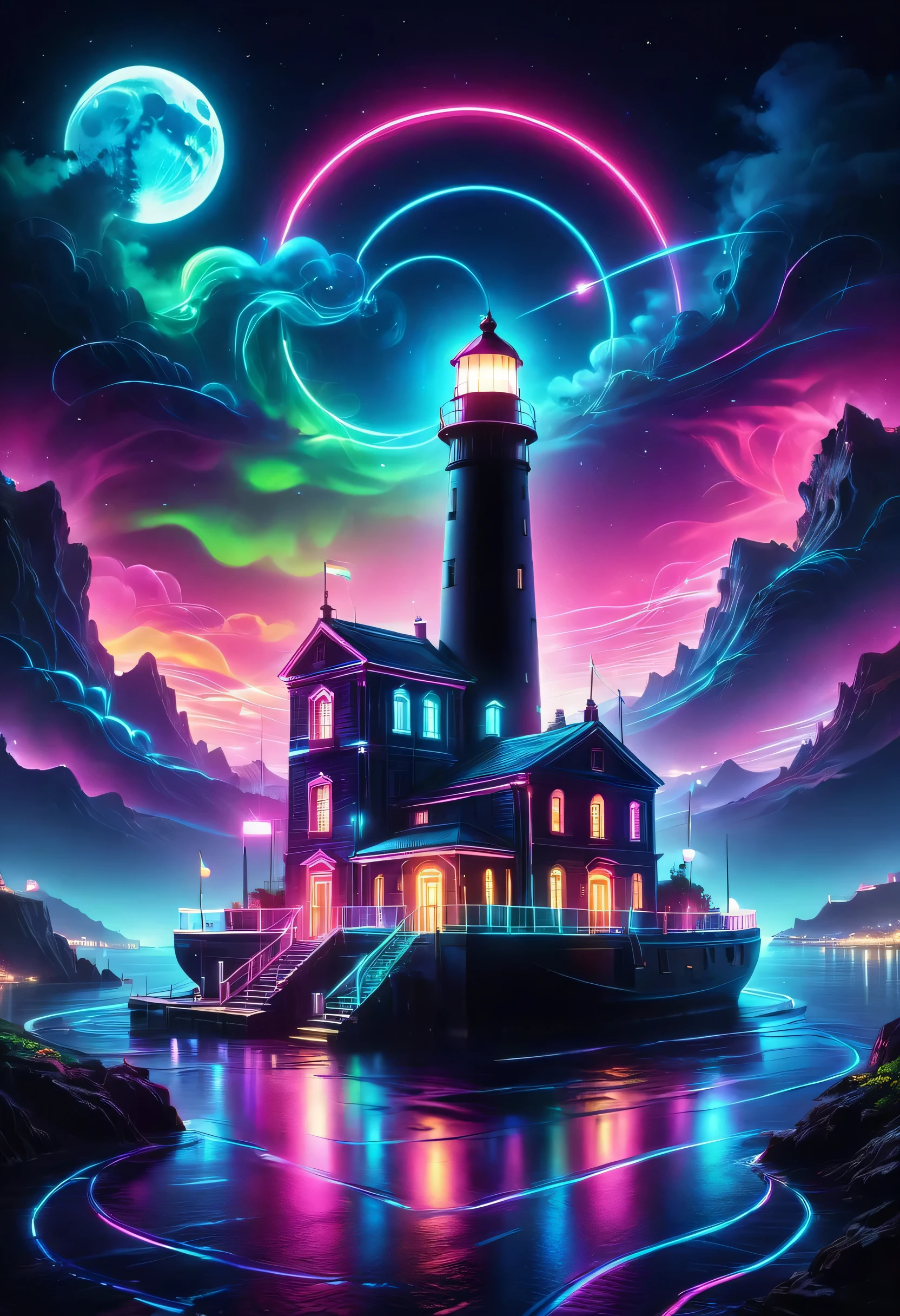 The aesthetics of vaporwave,Landscape painting,Lighthouse colored in neon colors,port town,marina,boat,moon,star,cloud,aurora,beautiful,rich colors,flash,と明るいflash,Cast colorful spells,Draw in neon colors on a dark background,古き良きport townの風景と現代アートの融合,Pop Illustration,poster,perfect composition,Design that expresses Italy,tangled,magic element,wonderful,masterpiece,4k,works of art,Bright colors,black,pink,Light blue,purple