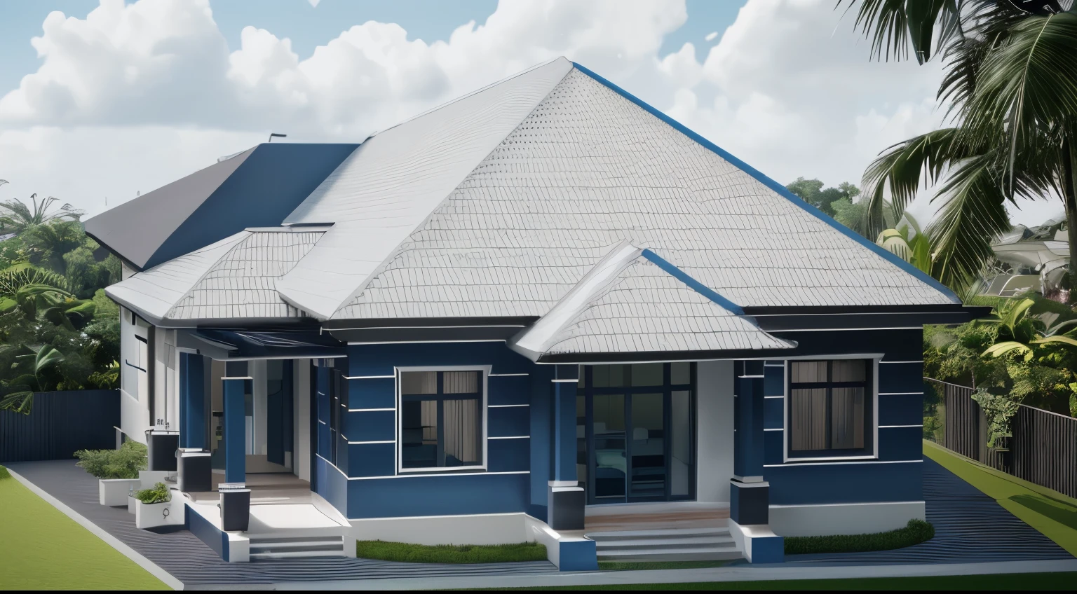 Modern house exterior, daylight, white painted wall, ( roof tiles, dark blue), plants on balcony, glasses window, glass door, nice landscape with tropical trees and plants, green grass,super detail, 4k ,vray render, octane render, hyper realistic, photography, exterior design, professional photography, outdoor photography, wide angle, super detail, high resolution, full frame, full body.