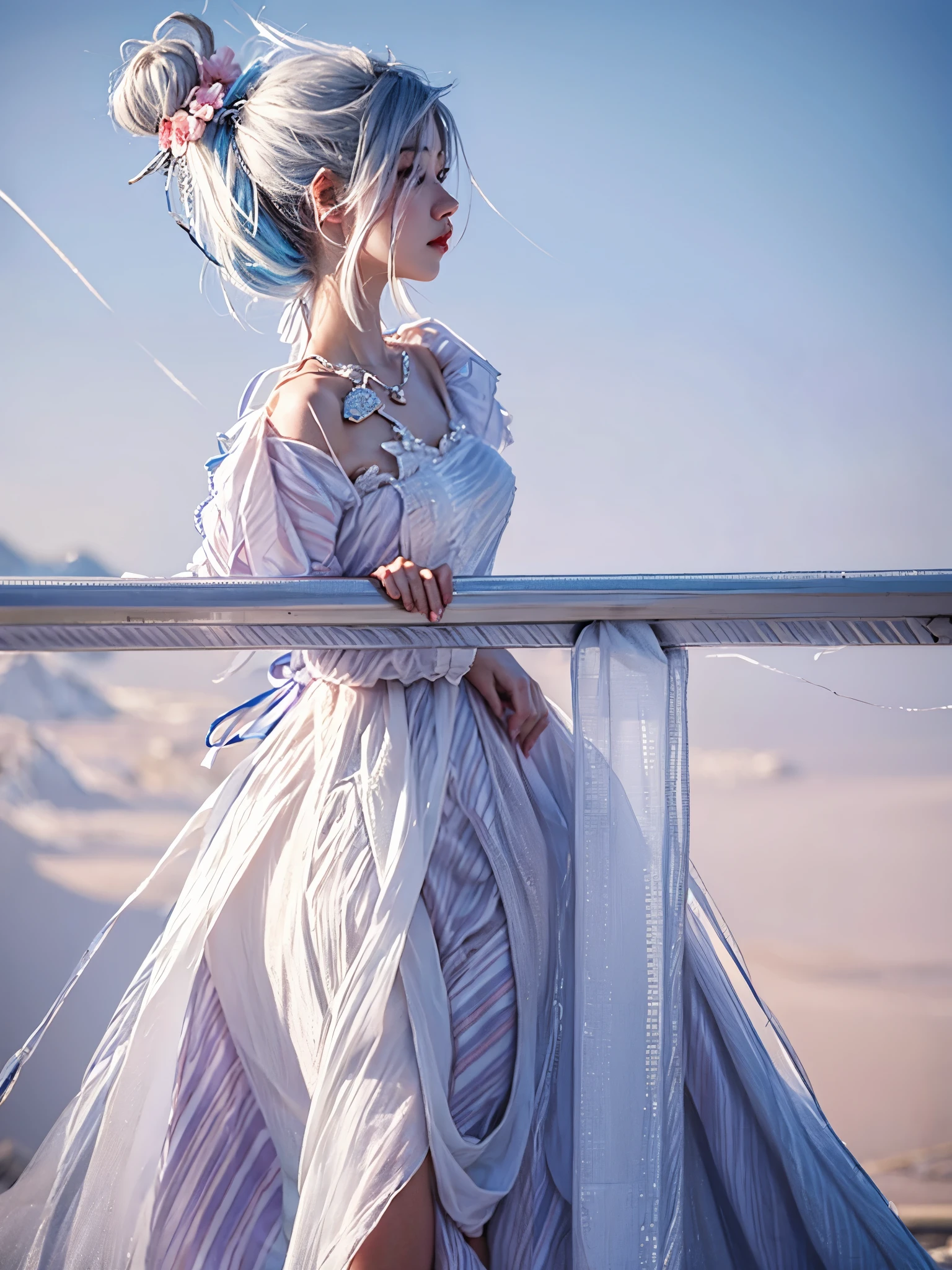 Off-white hair,Pink tie flower,milky white skin。delicate face,super goddess,sky blue pendant,Pink and white gradient dress,solid wood guardrail,light gray background
