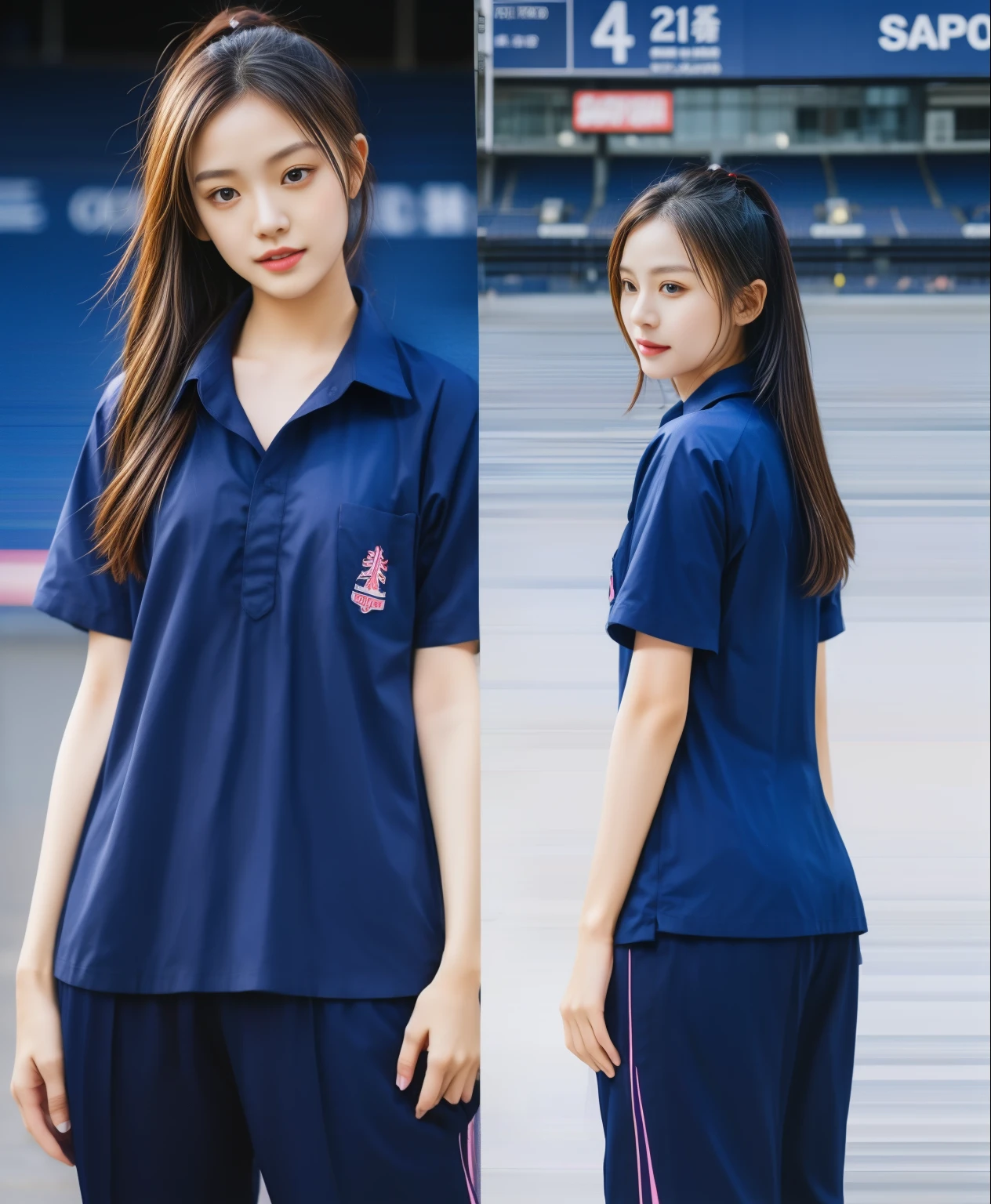 (best quality,10,10,height,Masterpiece:1.2),Special details,(realistic,ภาพrealistic,Realistic photos:1.37),1 cute girl on the football field,shiny, ผิวshiny,only,smile softly,BDclothelue shirt:1.3)),short sleeve,shirt, กางเกงขาlong.,(navy_long_track pants:1.1), ((stadium background:1.3)),Dynamic angle,excited,Face focus,dynamic poses,from behind,focus on ass,Masterpiece, best quality, ultra realistic, hyper-detail, 8K resolution, raw photos, Sharp focus, ((Navy blue shirt:1.1)), short sleeve, เส้นทางlong, perfect body, 2 mature women, 18 years old, Cinema-grade lighting system,blue sweatpants,shirtผ้าออกกำลังกาย,correct anatomy,perfect body, correct body, Sharp face, correct bodyทางกายวิภาค, full body, realistic gestures, long-haired, realistic poses,Wear long shorts................................,ช่วงขาlong,Good shape,carved girl, Slender figure, model, Good shape, beautiful body,blue sweatpants, two girls kissing