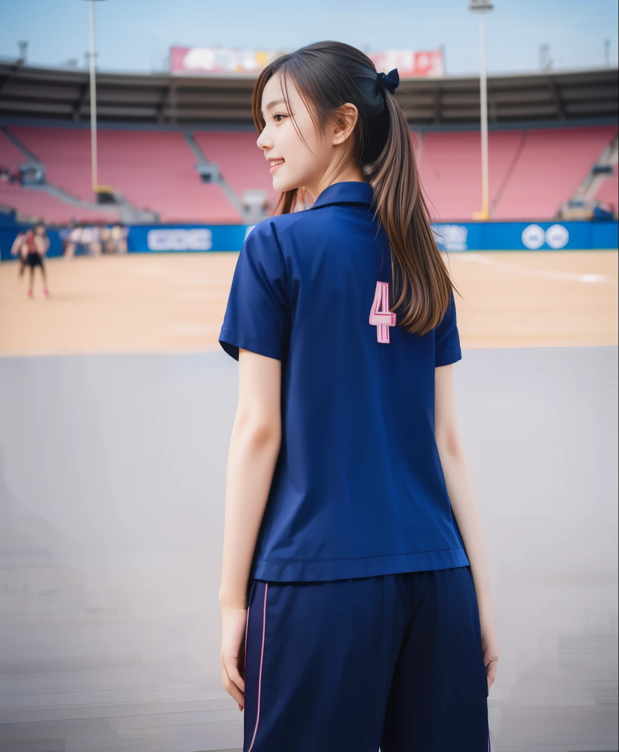 (best quality,10,10,height,Masterpiece:1.2),Special details,(realistic,ภาพrealistic,Realistic photos:1.37),1 cute girl on the football field,shiny, ผิวshiny,only,smile softly,BDclothelue shirt:1.3)),short sleeve,shirt, กางเกงขาlong.,(navy_long_track pants:1.1), ((stadium background:1.3)),Dynamic angle,excited,Face focus,dynamic poses,from behind,focus on ass,Masterpiece, best quality, ultra realistic, hyper-detail, 8K resolution, raw photos, Sharp focus, ((Navy blue shirt:1.1)), short sleeve, เส้นทางlong, perfect body, 2 mature women, 18 years old, Cinema-grade lighting system,blue sweatpants,shirtผ้าออกกำลังกาย,correct anatomy,perfect body, correct body, Sharp face, correct bodyทางกายวิภาค, full body, realistic gestures, long-haired, realistic poses,Wear long shorts................................,ช่วงขาlong,Good shape,carved girl, Slender figure, model, Good shape, beautiful body,blue sweatpants, two girls kissing