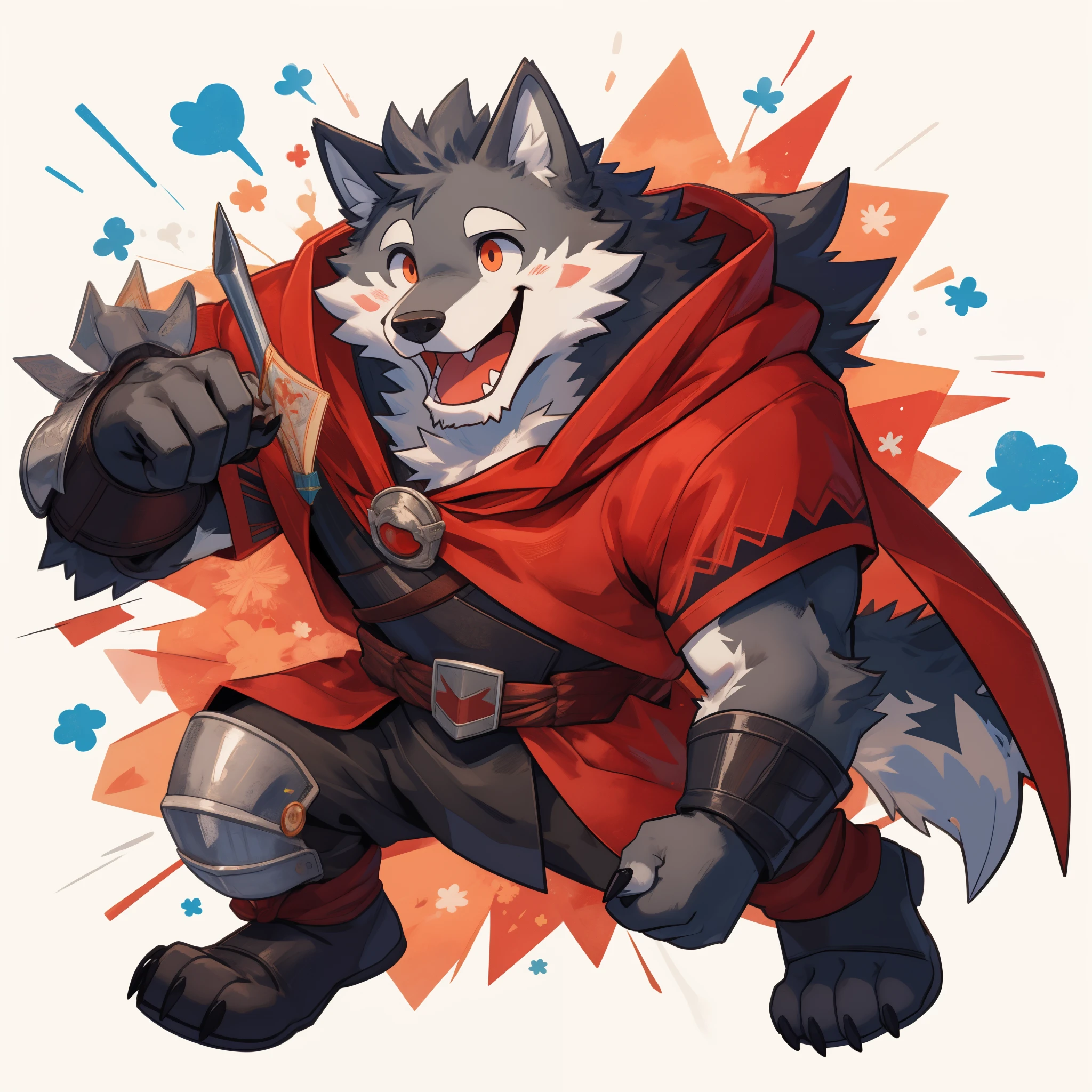 Scribble wolf face, cute face, anthro(wolf), twinking, simple background, printmaking style, heavy laughing, open mouth, gray fur, white fur, comic style, knight costume, long red cherry cloak