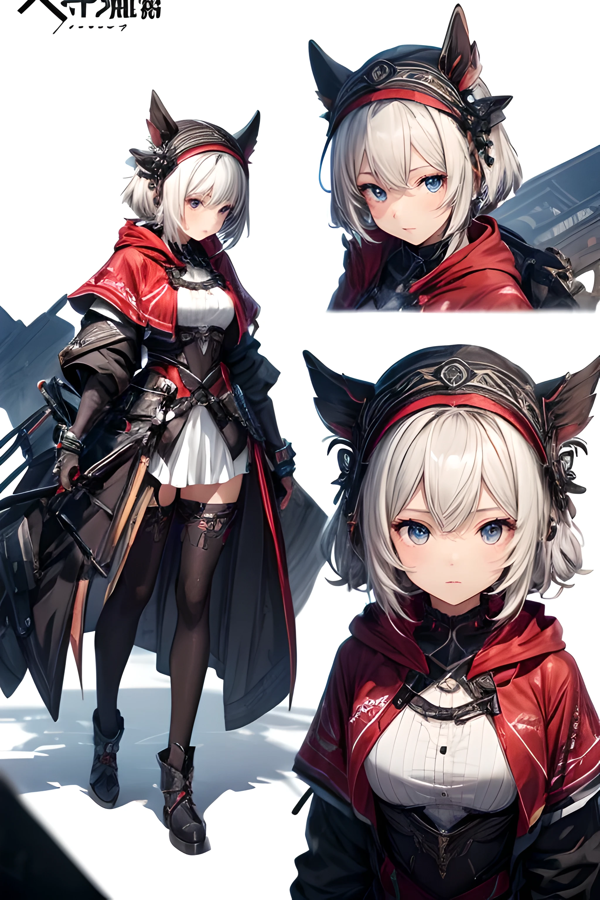 Character Design Sheet, Multiple angle, masterpiece, best quality, muelsyse (arknights), 1girl, photo of a red hooded woman, blue eyes, beautiful face, biomechanical android with translucent armor, scientific illustration, perfect face, intricate details, white background,