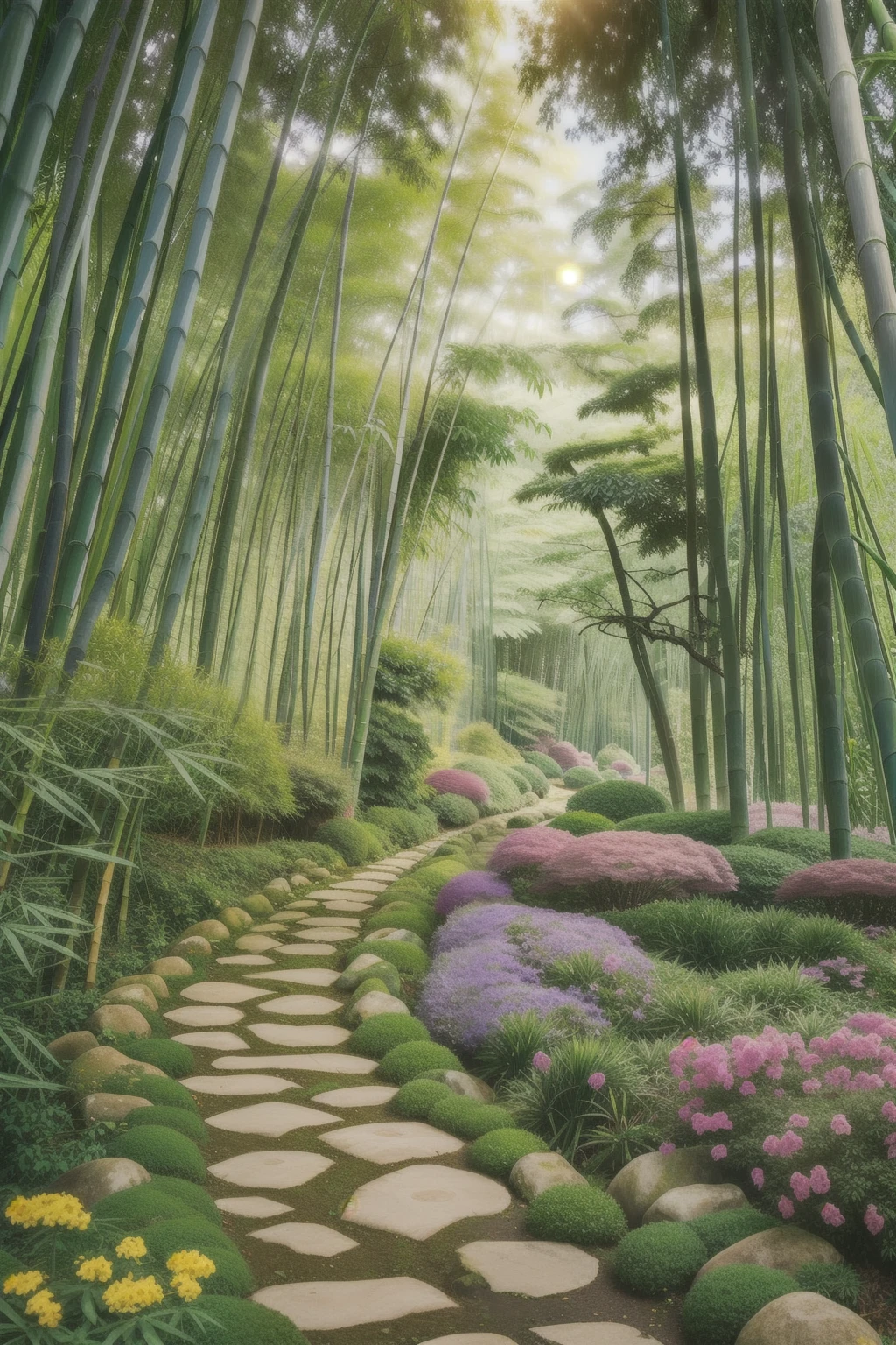 A path through a lush green forest of flowers and trees, The flowery road to heaven, bamboo forest, in a bamboo forest, walking in a bamboo forest, beautiful nature, beautiful forest scenery, Lush trees and flowers, deep in a japanese bamboo forest, beautiful wallpaper, stunning natural background, Dense forests in Japan, beautiful eden garden, A beautiful path in the forest