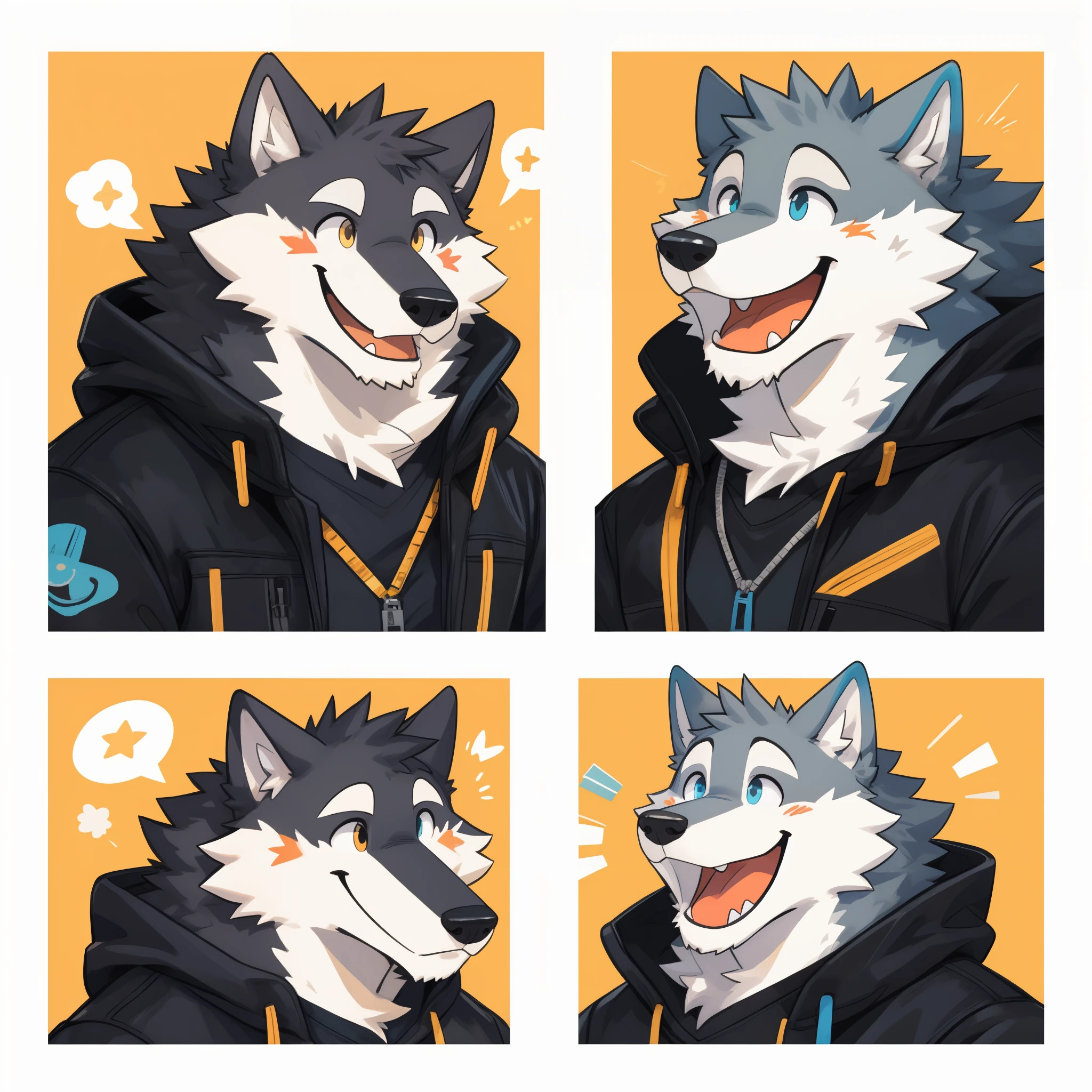 Scribble wolf face, cute face, anthro(wolf), twinking, simple background, printmaking style, heavy laughing, open mouth, gray fur, white fur, comic style