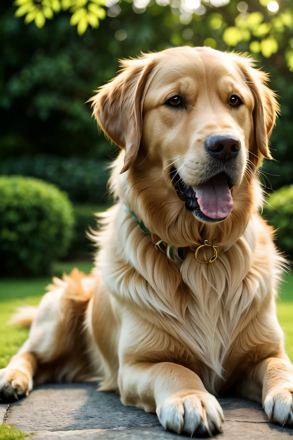 A golden retriever, lounging comfortably in a lush, green garden, captures the realistic beauty of its immaculate fur in a 4k ultra clear image. Rich detail and textured overlays bring out the intricacies of each individual strand of gold fur, evoking a sensory experience for the viewer. These high-definition, photo-realistic captures convey the tranquility and charm of this beloved canine companion.