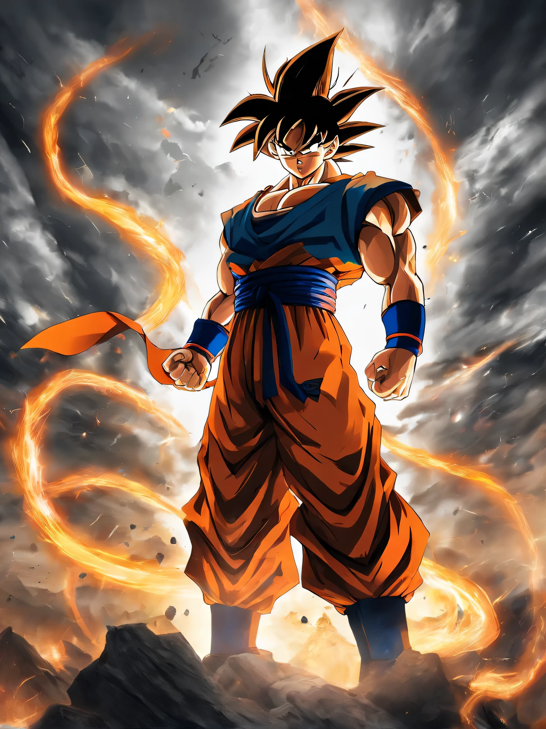 Generate Goku Full HD wallpaper in spectacular pose with stunning background. Make sure Goku is his most powerful and dynamic, Vibrant colors and stunning details. The image should be suitable as wallpaper for a high-resolution screen. please, Create this masterpiece using high-quality imaging AI、black eye
