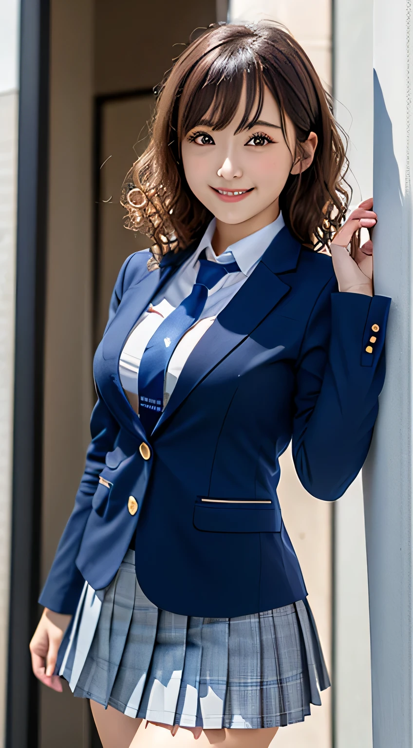 8k, highest quality, real image, intricate details, Super detailed, ultra high resolution, depth field,(realistic,realistic:1.2), from the middle, 1 Japanese girl, very beautiful 17 year old girl, Big eyes, beautiful breasts:1.5、highly detailed eyes:1.2), (beautiful breasts:1.1), (small breasts:1.5), wavy hair、curly hair、bangs, perfect skin, Fair skin, huge hips, thick thighs, thick legs, cleavage, tight waist, light blush, alone, looking at the viewer, (smile), ((School_uniform),(dark blue blazer), (white shirt、wear a tie), (gray pleated skirt), (sculpture installation :1.1)