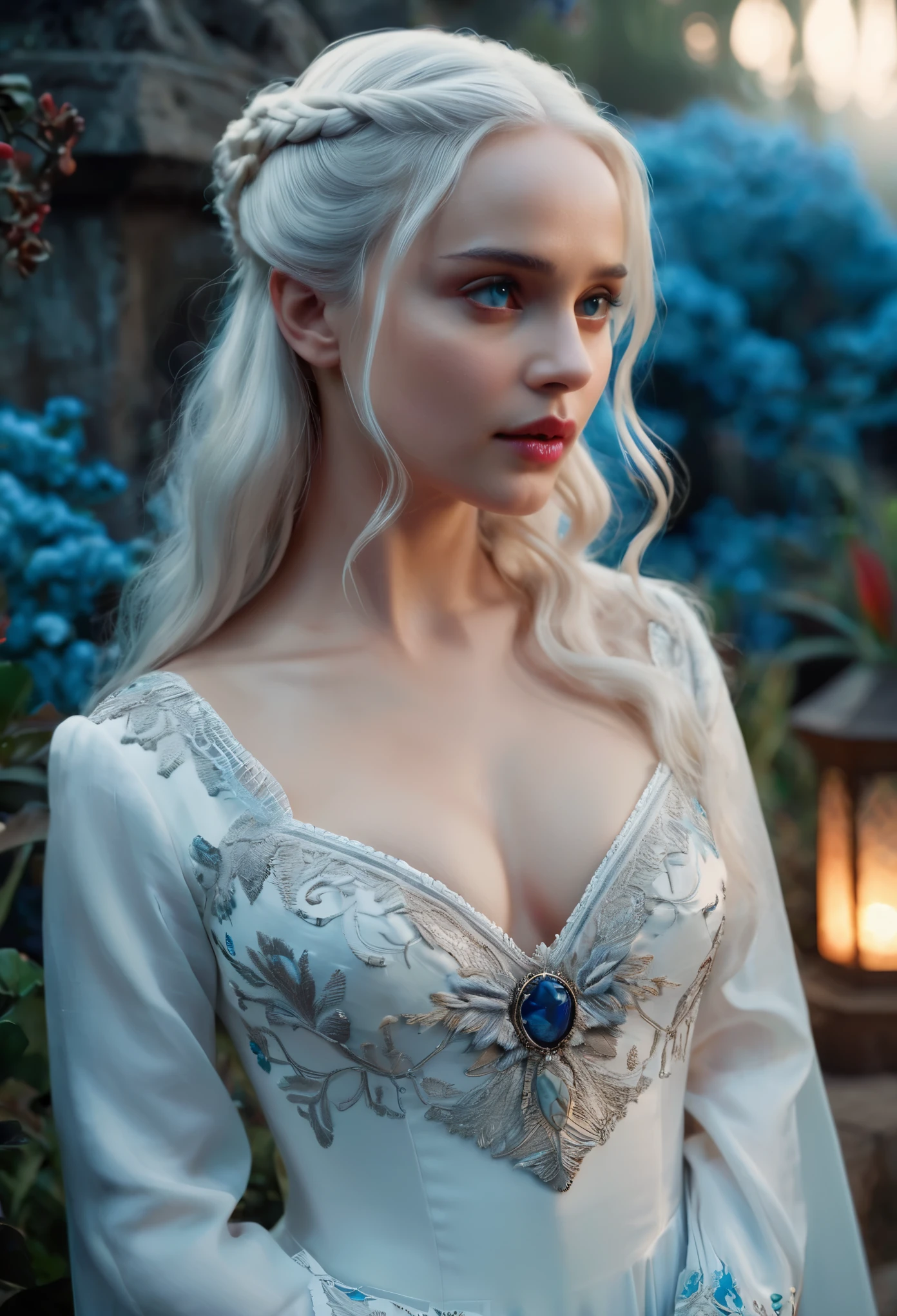 neon, garden, red and blue tones, a girl dressed in a pale white simple silk dress of the 19th century with silver embroidery, looks like Daenerys/Natalie Portman, long white hair, stunning blue eyes, expressive breasts, delicate face, intricate details, beautiful fantasy setting, 8K, HD