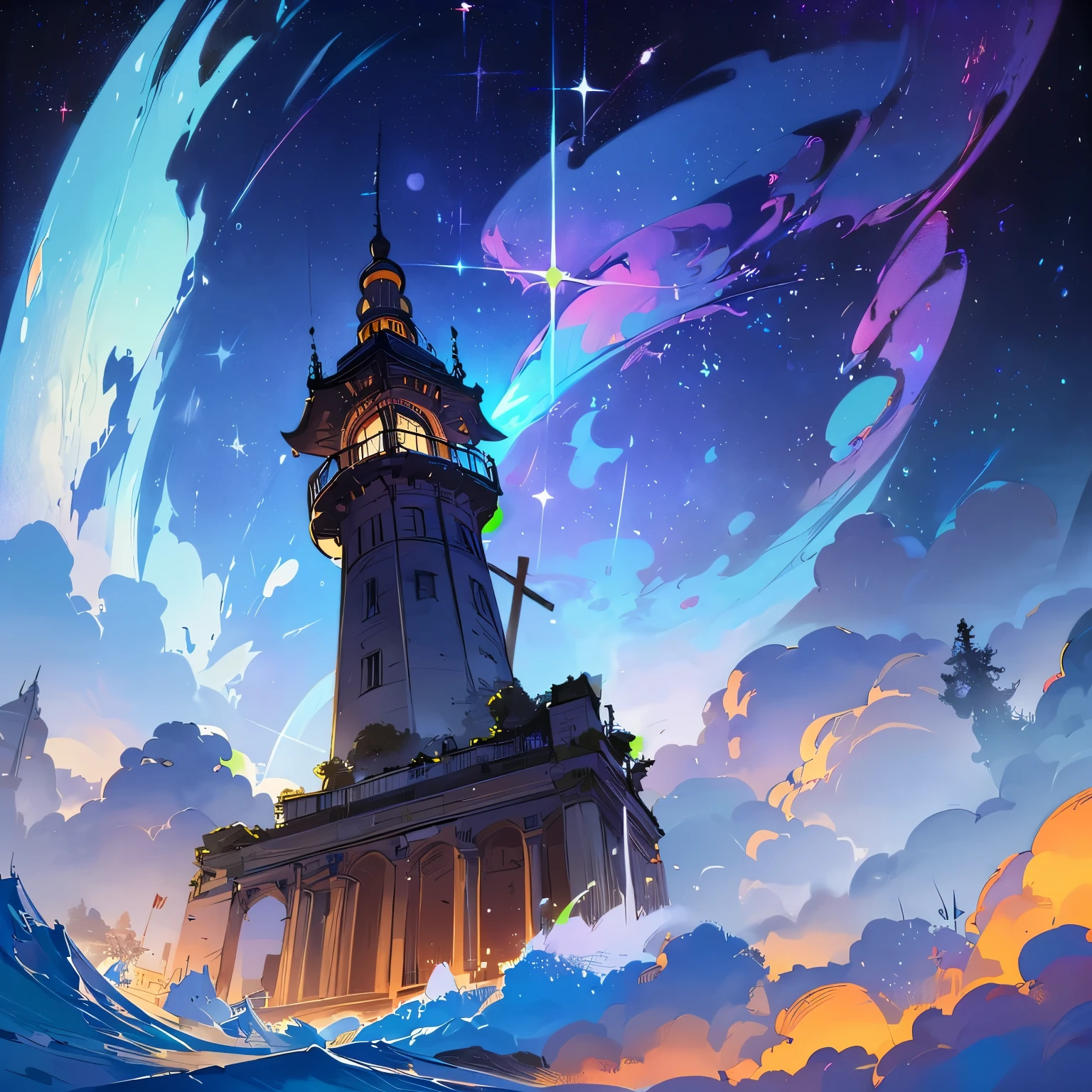 (romantic、Innocent、𝓡𝓸𝓶𝓪𝓷𝓽𝓲𝓬、adventure、Bold、Travel Elements、Tyndall effect),(masterpiece:1.5),(best quality:1.5),(Super detailed:1.3),(illustration:1.2),(8k wallpaper:1.2),(best quality:1.2),(Very detailed:1.2),(Foreshortening),(photorealism),(photorealismistic),(Unreal Engine),(high resolution:1.2),(painting:1.05),(cross hatch)(best quality:1.1),(surreal:1.1),(extremely fine,beautiful),, panoramic, lighthouse and waves,Tyndall effect,night,moonlight,meteor shower