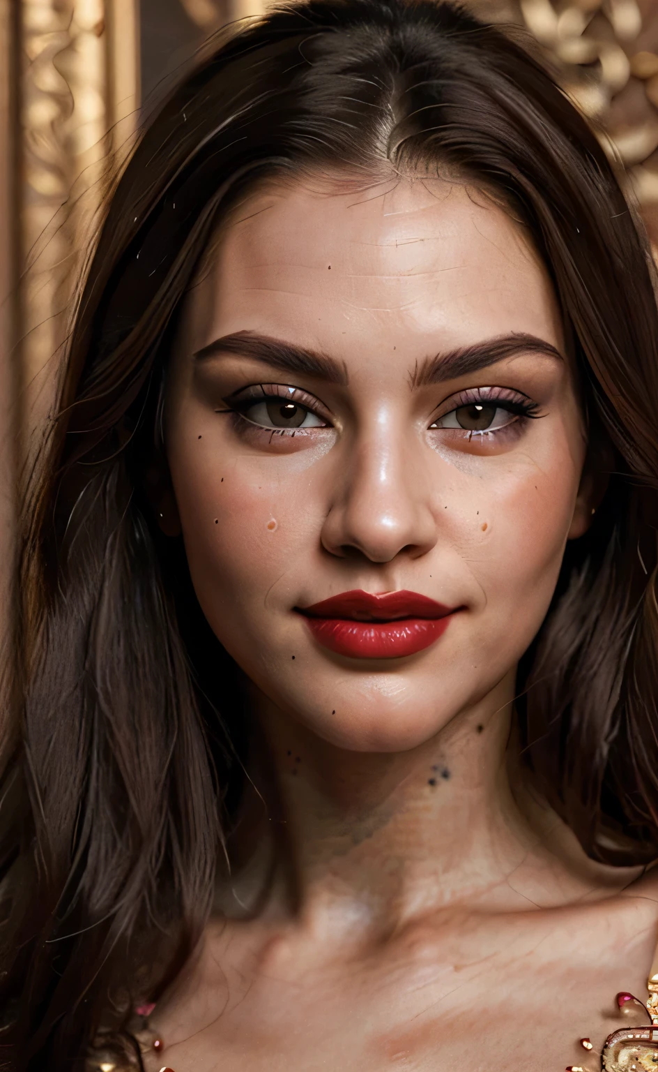 (masterpiece), (extremely intricate:1.3), (realistic), a close up of a woman, most beautiful woman, pouty lips, focus on lips, dark red lips, face close up, calm look, calm but dominating look, smile, close up face, dark lips, face, smiling, most beautiful realistic face