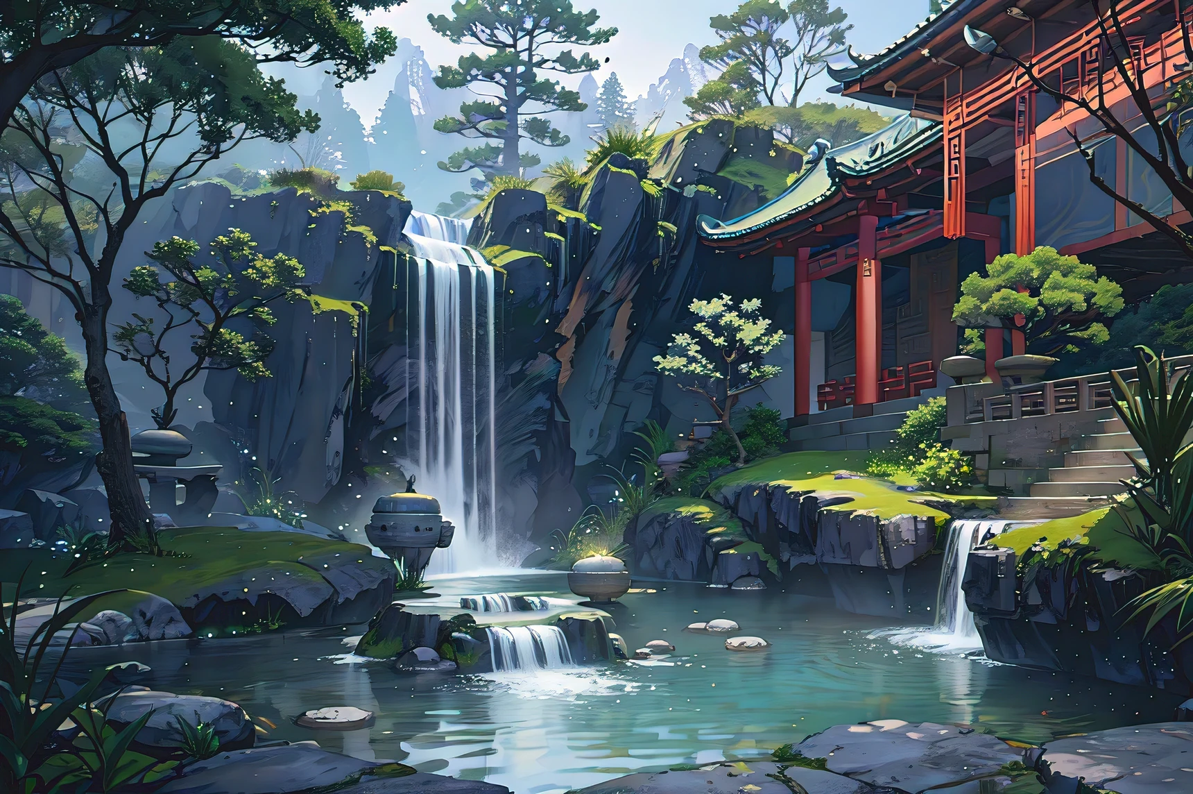 Ancient Chinese architecture, Cool colors, dark night, moon, garden, 대tree, lake, Stone Bridge, rockery, arch, corners, tree, flowing water, Vision, outdoor, waterfall, grass, rock, , (illustration: 1.0) , epic composition, HD detail, masterpiece, best quality, (Highly detailed CG Unity 8K wallpapers) 