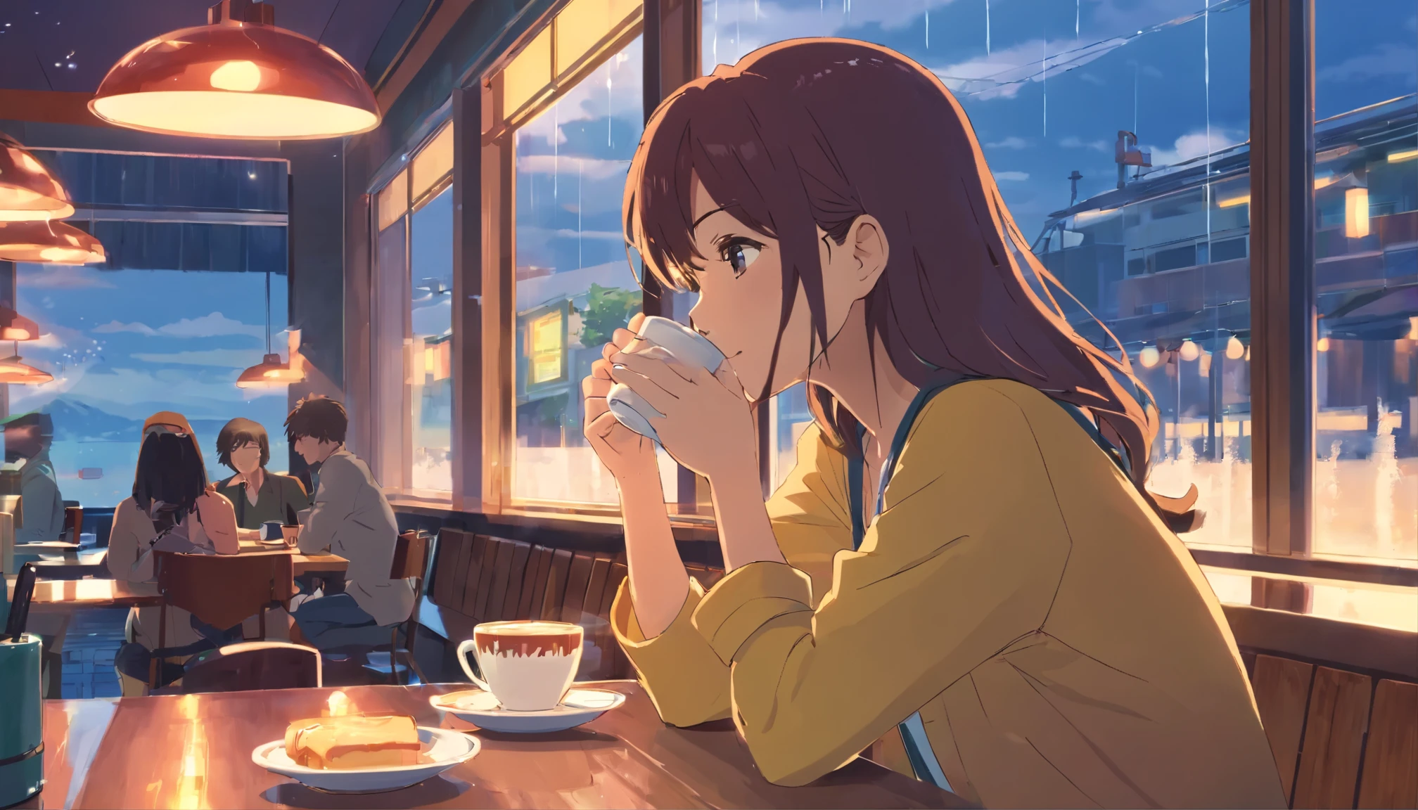 Woman drinking coffee in coffee shop、By the window、rainが降っている、rain、cloudy