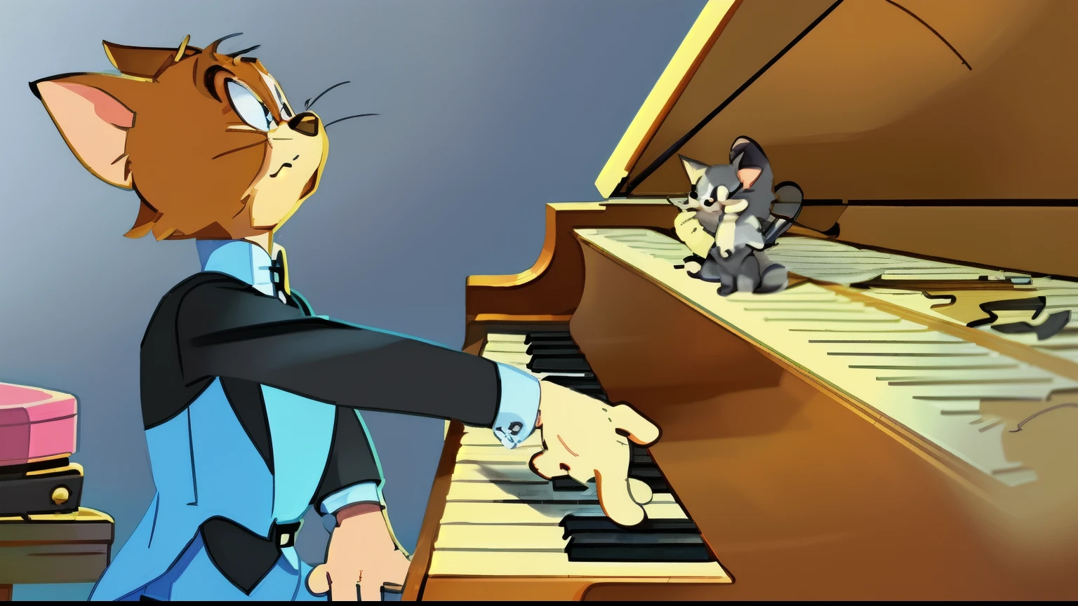 cartoon Cat Piano with mouse and mouse on the keyboard, tom and jerry, Cat [ play piano ], animated movie scene, beethoven Piano, [ Greg Rutkoski ], marc davis, Animation shooting, animation stills, pianist, animation stills, marc davis artwork, Piano, composer, 迪士尼 2D animation stills, disney animation style