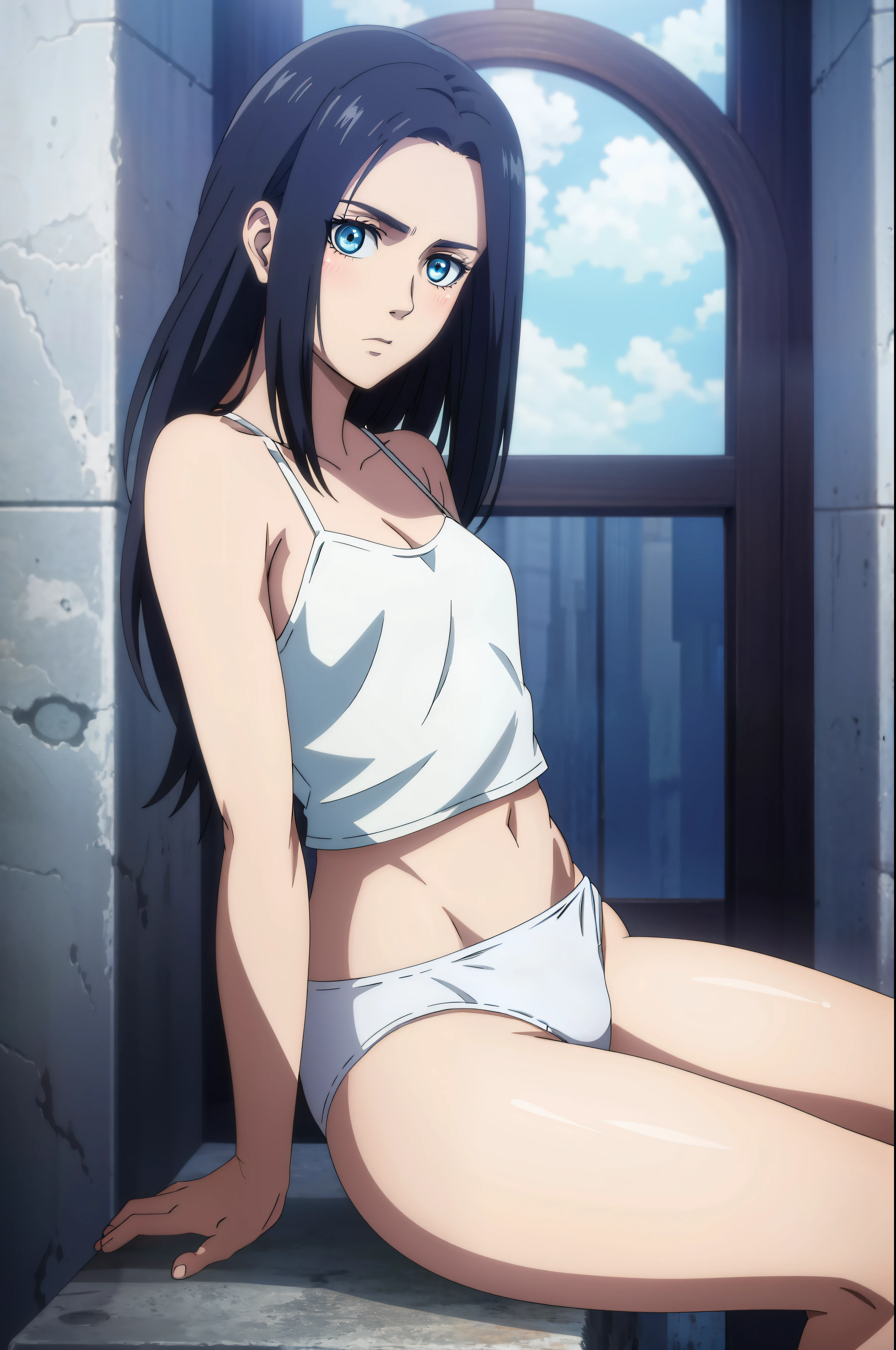 highest quality, masterpiece, High resolution,８K,beautiful light, alone,(Attack on Titan),frida reis,official art,sitting, （In underwear）,(((white panties))),blue background,legs closed,(perfect camisole),perfect thighs,Perfect navel,(perfect eyes),perfect arms,black hair,blush,blue eyes,wet skin,Medium chest,,perfect upper arms,looking at the viewer