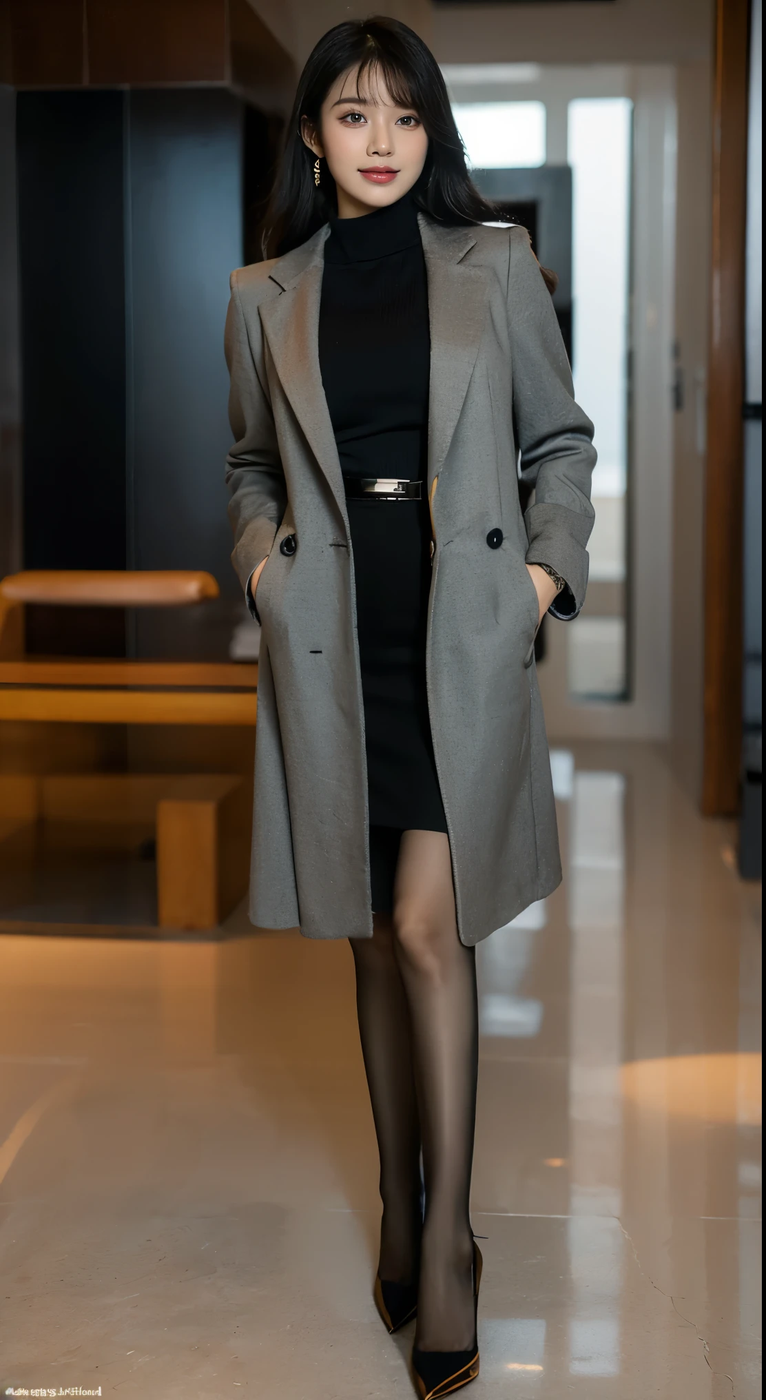 photorealistic,
1girl,(grey Double Breasted A Line Coat),mock neck,
(black high heels),
parted bangs, standing at attention, pantyhose,
looking at viewer, light smile,full body,
