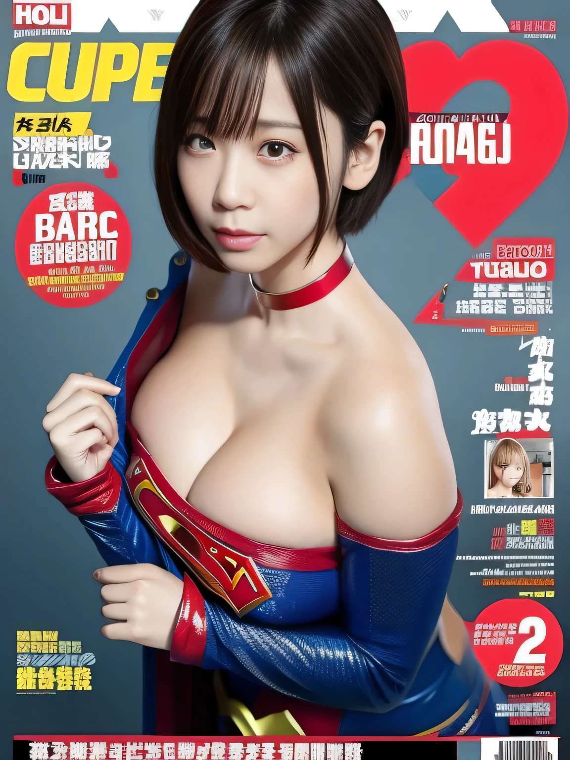 masterpiece、supergirl costume、short hair、barefoot、big and full breasts、Research room、operating table、straddle、damaged、shiny、looking at camera、Seduce、choker、long sleeve、red sexy pose、magazine cover