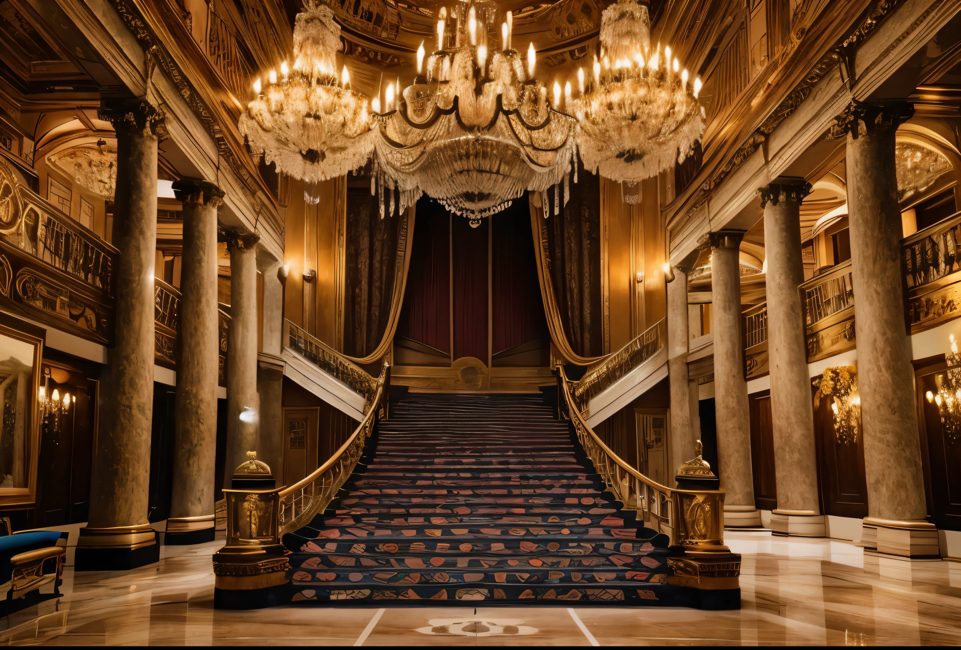 Close-up of stairs leading to chandelier inside building, 宽阔的Grand staircase, Dark majestic ornate hall, Amazing majestic architecture, 坐在Grand staircase上, Elegant and gorgeous, Gorgeous and elegant, inside the palace, Grand staircase, There is a grand inside, royal palace interior, Gothic mansion room, decadent throne room, Rich, extremely rich