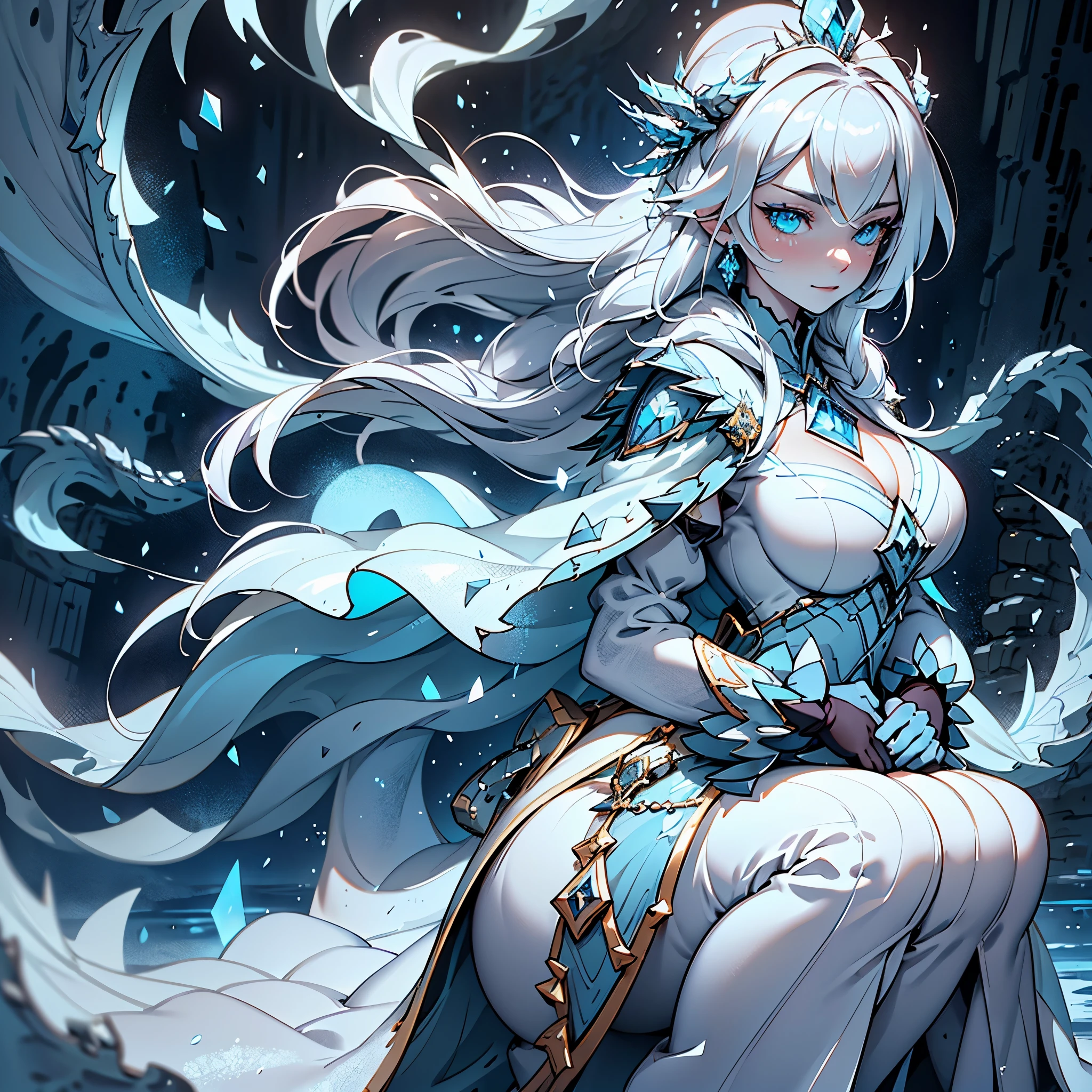 (best quality,highres,masterpiece:1.2),ultra-detailed,(realistic,photorealistic,photo-realistic:1.37),white dragon empress sitting on a silver throne,big breasts,cleavage,castle of ice,shimmering snowflakes,frozen pillars,glistening icicles,crystal-clear ice sculptures,majestic and regal presence,elegant and powerful,icy breath,enchanted atmosphere,mesmerizing reflection on the frozen floor,ethereal light filtering through the ice walls,dark and mysterious shadows,distant howling wind,subtle hues of blue and silver,sublime and otherworldly,grandeur of the dragon's wings,glittering scales,sharp and piercing eyes,serene and confident expression,elaborate throne adorned with intricate patterns,ornate and filigree details,imposing and majestic architecture,towering walls of ice,delicate frost patterns,soft and cold touch of the frozen air,icy crystals sparkling under magical moonlight.magical atmosphere,powerful aura,peaceful and tranquil surroundings,whisper of a winter's tale.