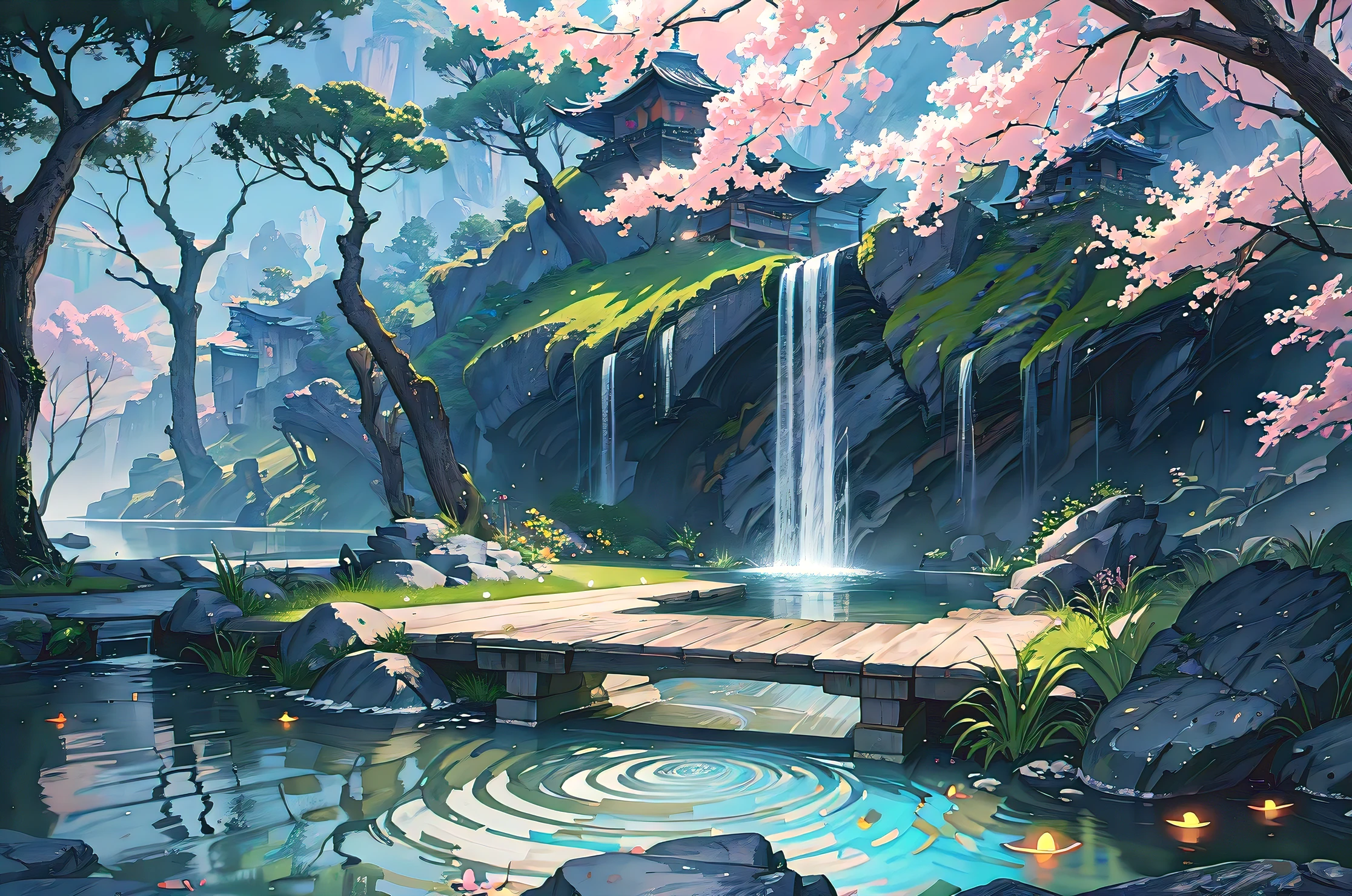 Ancient Chinese architecture, Cool colors, dark night, moon, garden, 대tree, lake, Stone Bridge, rockery, arch, corners, tree, flowing water, Vision, outdoor, waterfall, grass, rock, , (illustration: 1.0) , epic composition, HD detail, masterpiece, best quality, (Highly detailed CG Unity 8K wallpapers)