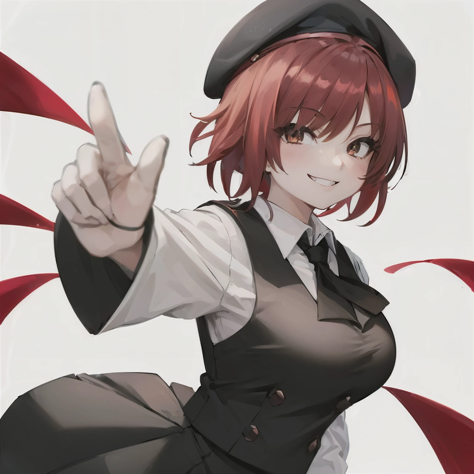 1girl, anime, scarlet_red_short_hair, white_eyes, medium_breasts, smiling, Japanese_black_sailor_school_uniform, black_tie, black_beret, white_background, looking_at_viewer
