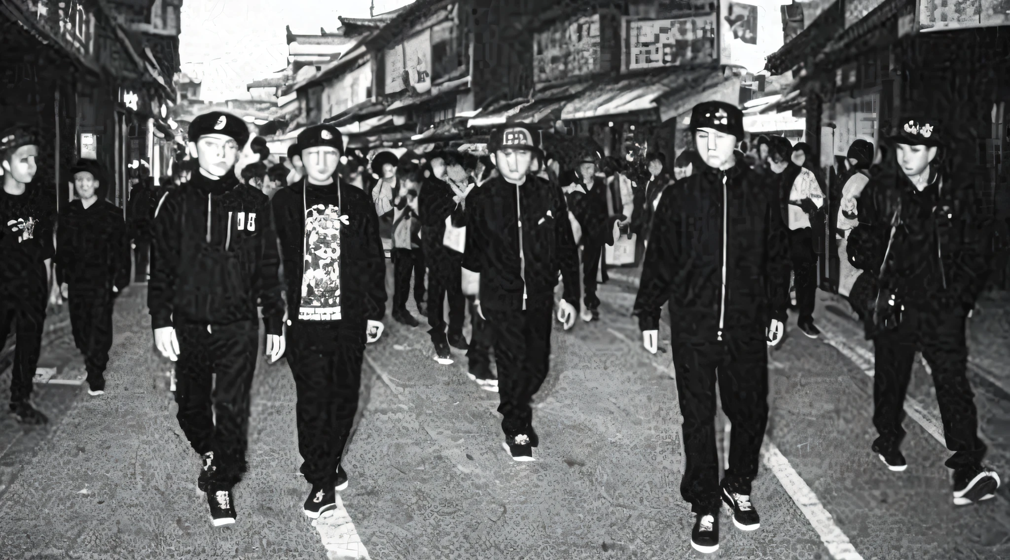 Arafe person wearing black and white clothes and taking a photo々group of, chinese mafia, Walking around town, Inspired by Xi Gang, Brutal black clothes, beret, a lot of scumbling, gang, balaclava, group photo, thug, exploited!!, crude, punk, punkパーティー, Grindcore
