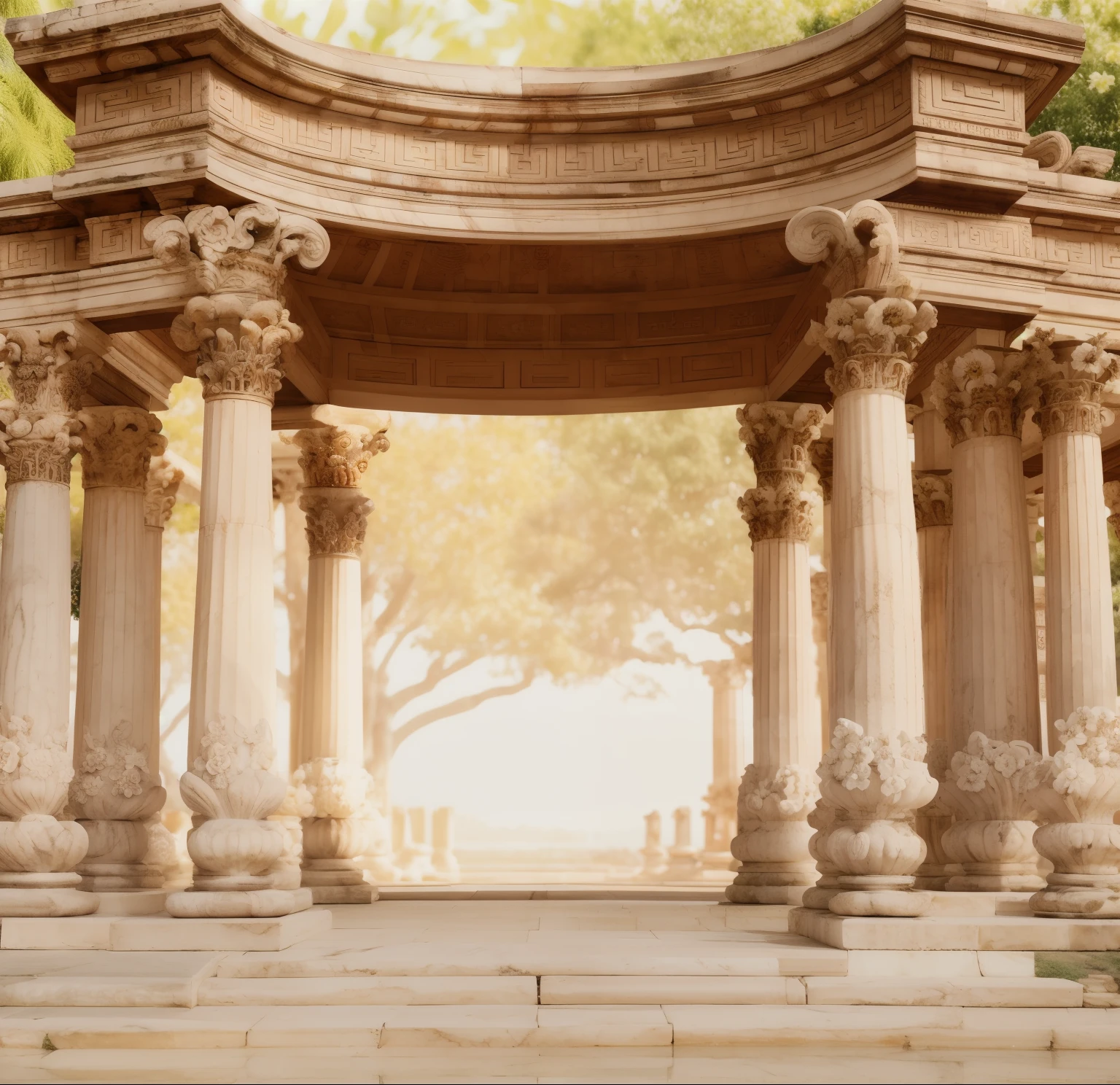 There is a gazebo,Lanterns and flowers in the background, Stunning mystery background, adorned pillars, royal garden background, Roman festival background, kingdom of light background, Huge pillars and flowers, palace background, greek temple background, arches and columns, marble columns in background, temple background, marble white columns, Baroque background, pillars and arches