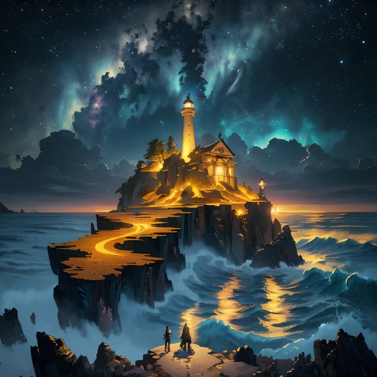 (romantic、Innocent、𝓡𝓸𝓶𝓪𝓷𝓽𝓲𝓬、adventure、Bold、Travel Elements、Tyndall effect),(masterpiece:1.5),(best quality:1.5),(Super detailed:1.3),(illustration:1.2),(8k wallpaper:1.2),(best quality:1.2),(Very detailed:1.2),(Foreshortening),(photorealism),(photorealismistic),(Unreal Engine),(high resolution:1.2),(painting:1.05),(cross hatch)(best quality:1.1),(surreal:1.1),(extremely fine,beautiful),, panoramic, lighthouse and waves,Tyndall effect,night,moonlight,meteor shower