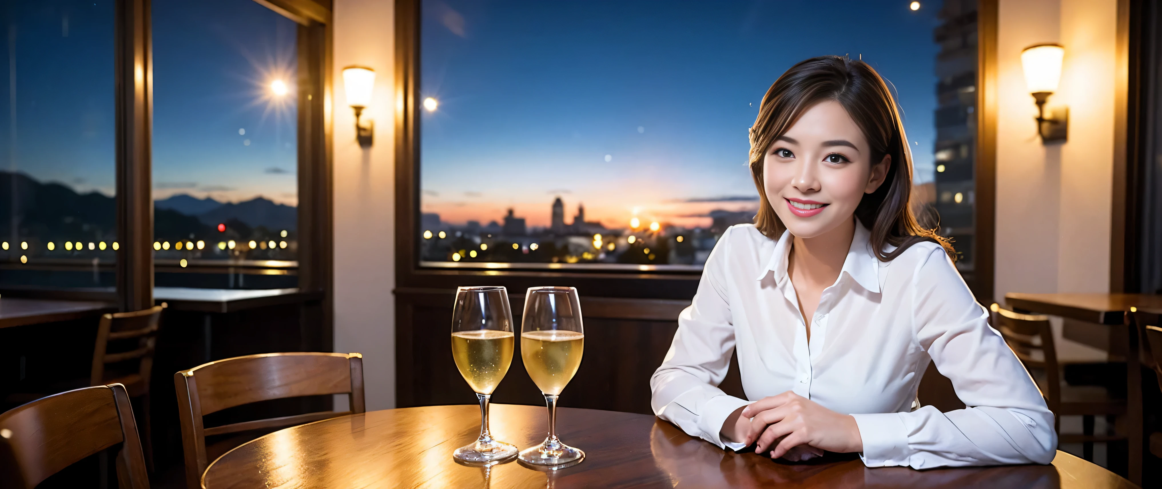 (including 64k, nffsw, highest quality, table top: 1.2), (realistic, photorealistic: 1.37), Spectacular view of the sunset sky and clouds、Amazing mountain views、long sleeve shirt、winter fashion、Columbia、Brazilian、Japanese、Dutch、German、Portuguese、Belgian、Italian、French,Champagne、sparkling wine、 (slimフェイス), (slimボティ), (brown hair), (shortcut), neat beauty、cheeks turn a little red, (35 years old), 38 years old, alone, 窓の外には美しく緻密なnight景が広がります., restaurant, wine glassが座っている, nightに, in a prominent place (from the Upper body) nova frog style, actress, model, Upper body, White wine, slim, wine glass, Super Clean night View, wine glass Put in the Middle, Happy smile, (smile: 1.15), beautiful and detailed eyes, Upper body, bust japan up, night, short, short, actress, model, Upper body, White wine, slim, wine glass, Super Clean night View, wine glass Put in the Middle, Happy smile,