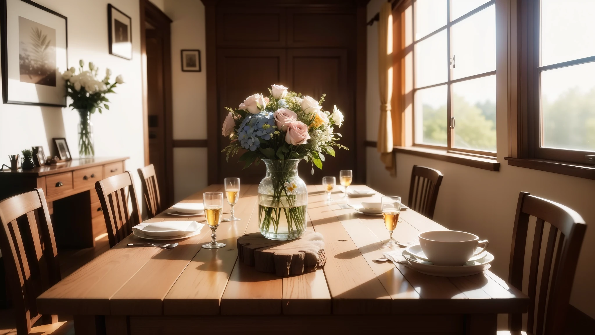 There is a table with a vase of flowers on it., advertising image, Glass slide window, blurry photo, blurry image, 8k 50mm iso 10, cinematic shot ar 9:16 -n 6 -g, instagram stories, slightly out of focus, 35mm photo, 35mm photo, 3 5mm photo, 50mm soft focus