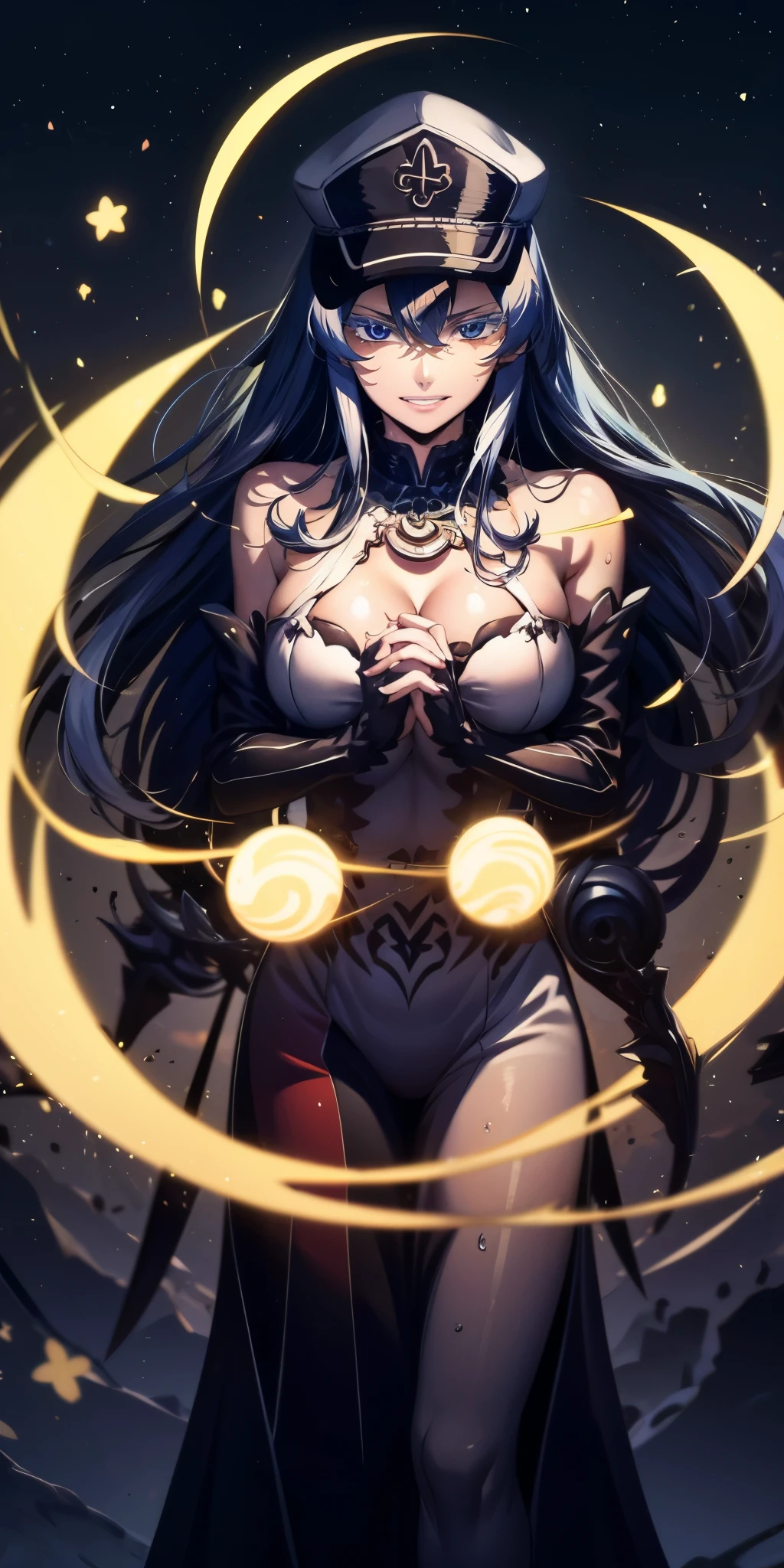 Esdeath, breasts, long hair, blue hair, blue eyes, hat, solo, very long hair, peaked cap, (best quality,4k,8k,highres,masterpiece:1.2),ultra-detailed, warlock, glowing yellow eyes, skulls, stars, celestial signs, thorns, standing in a casting pose, holding both hands with pitch black orbs, heavy breathing, blue eyes, hollow eyes, lips, steaming face, glowing eyes, white eyelashes, smirk, upper teeth, wet, sweating, chest tattoo