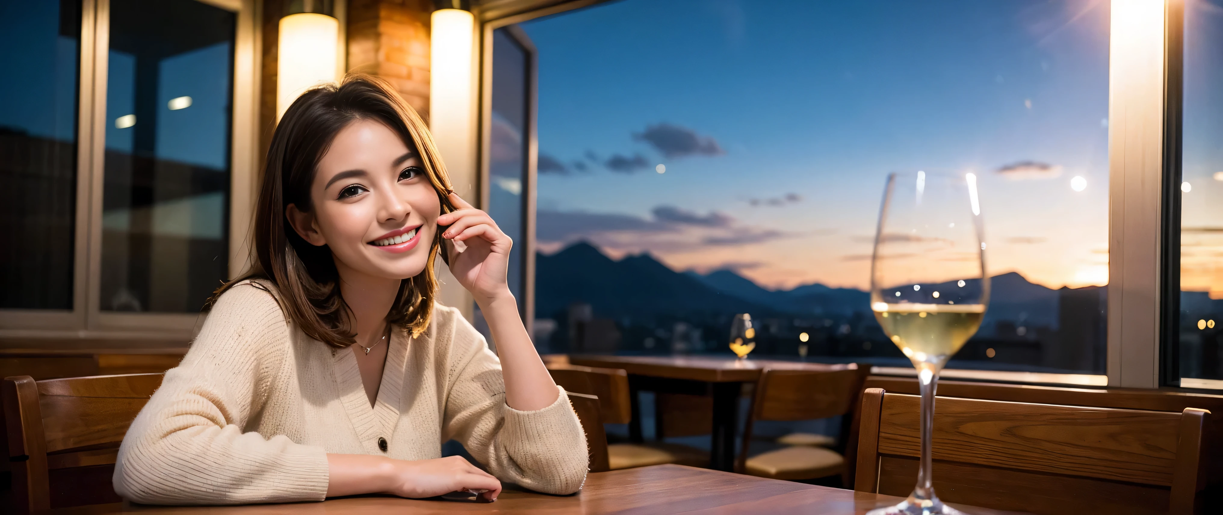 (including 64k, nffsw, highest quality, table top: 1.2), (realistic, photorealistic: 1.37), Spectacular view of the sunset sky and clouds、Amazing mountain views、long sleeve shirt、winter fashion、Columbia、Brazilian、Japanese、Dutch、German、Portuguese、Belgian、Italian、French,Champagne、sparkling wine、 (slimフェイス), (slimボティ), (brown hair), (shortcut), neat beauty、cheeks turn a little red, (42 years old), 40 years old, alone, 窓の外には美しく緻密なnight景が広がります., restaurant, wine glassが座っている, nightに, in a prominent place (from the Upper body) nova frog style, actress, model, Upper body, White wine, slim, wine glass, Super Clean night View, wine glass Put in the Middle, Happy smile, (smile: 1.15), beautiful and detailed eyes, Upper body, bust japan up, night, short, short, actress, model, Upper body, White wine, slim, wine glass, Super Clean night View, wine glass Put in the Middle, Happy smile,