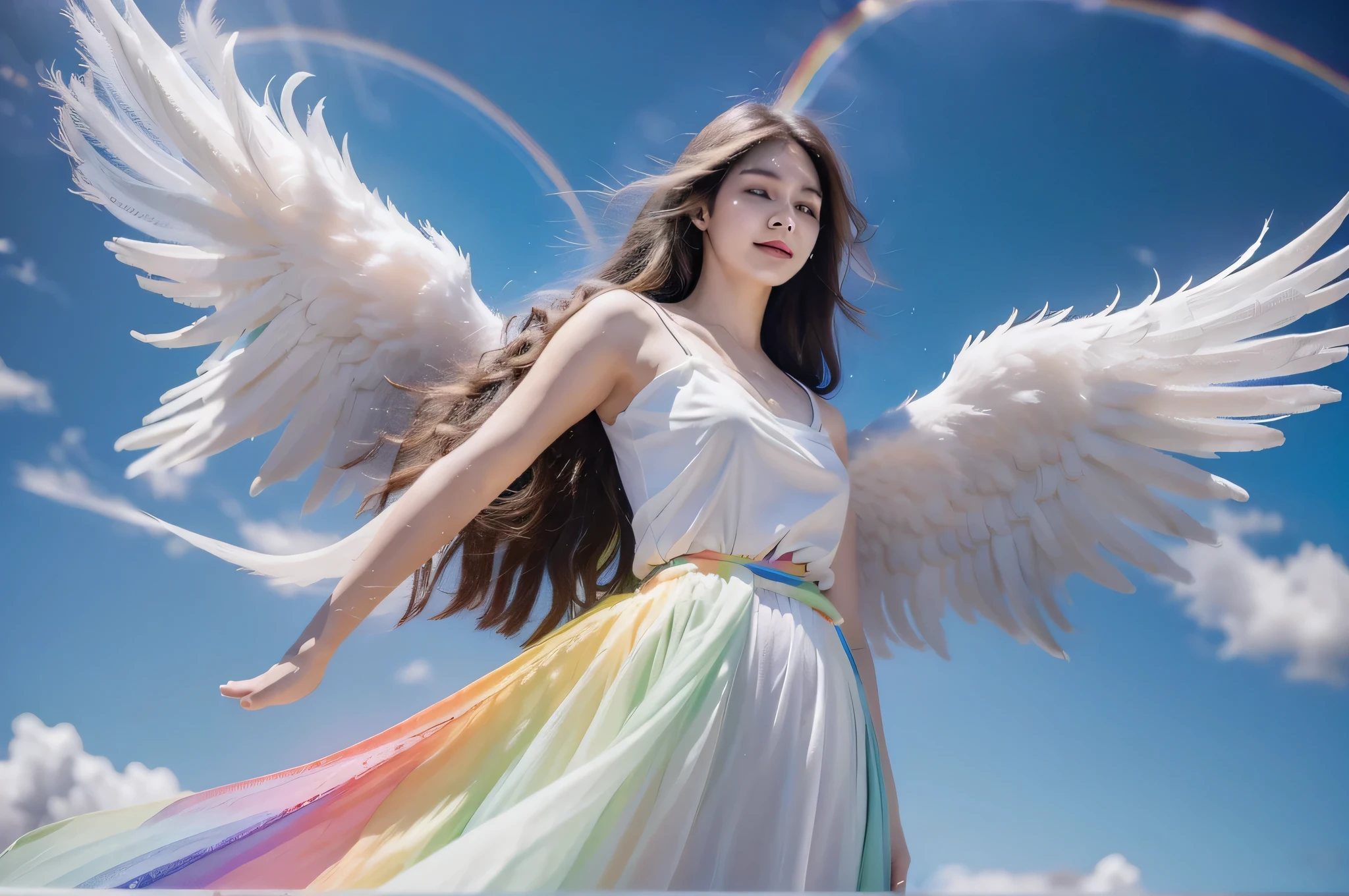 law of attraction, universe, blue sky, Green Hill, Sparkling, Angel, wing, happiness, rainbow aura, realistic, Super detailed,