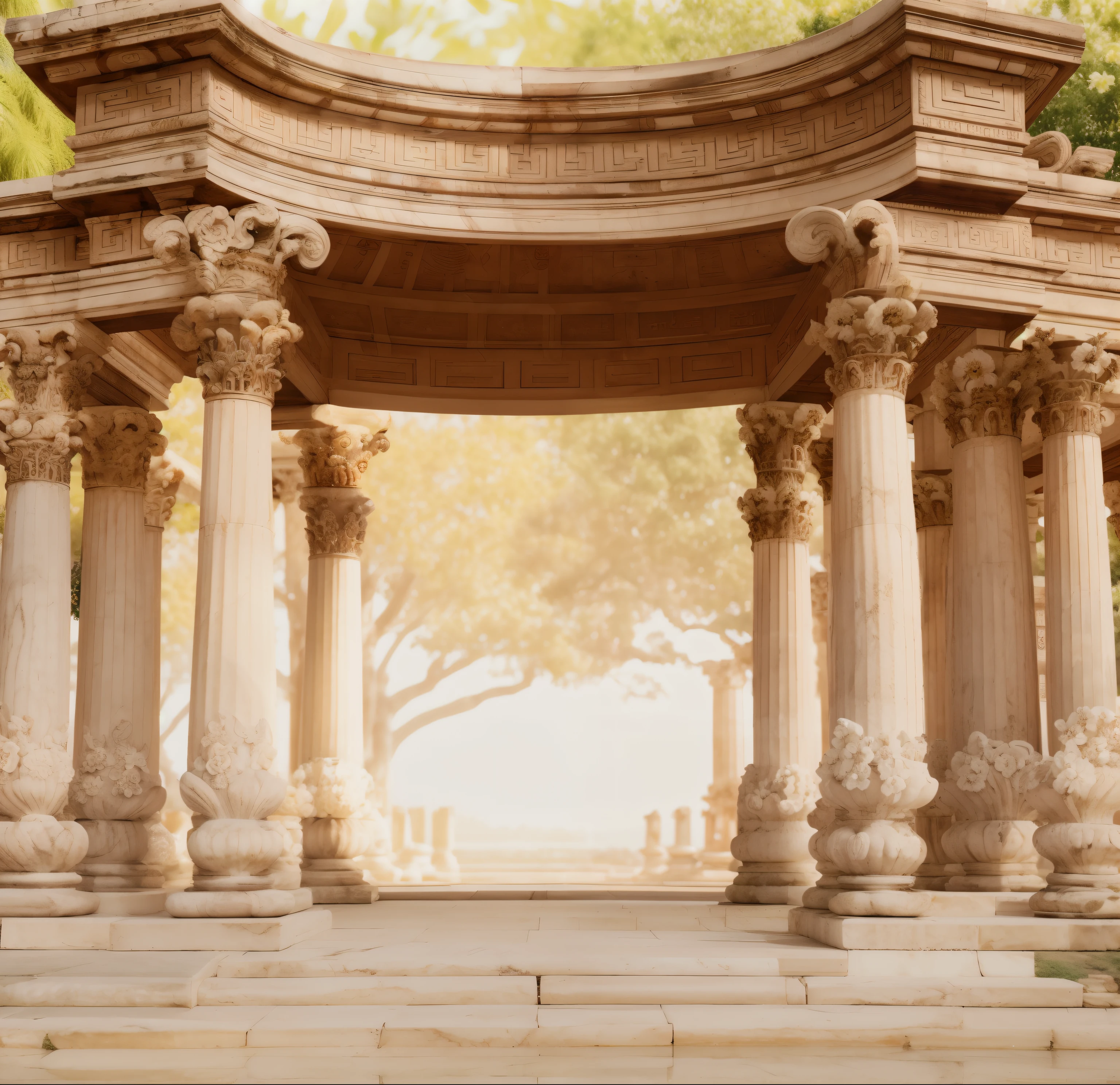 There is a gazebo,Lanterns and flowers in the background, Stunning mysterious background, adorned pillars, royal garden background, Roman festival background, Background of the Kingdom of Light, huge pillars and flowers, palace background, greek temple background, archs and columns, marble columns in background, temple background, marble white columns, Baroque background, pillars and arches